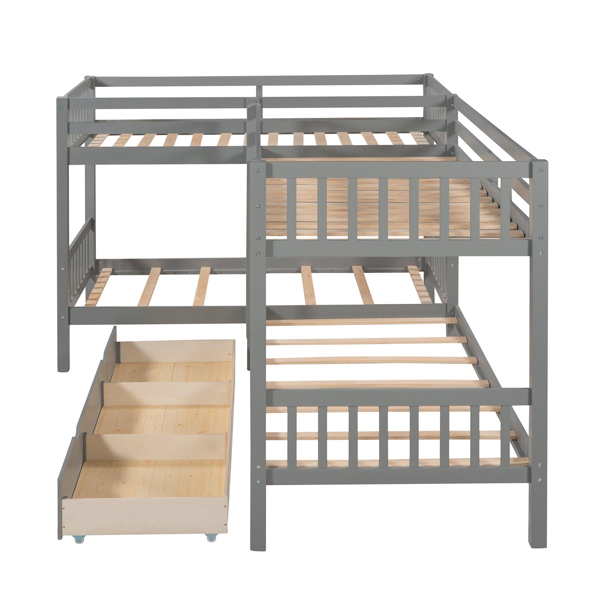 Twin over Twin L-Shaped Bunk Bed with Drawers - Gray