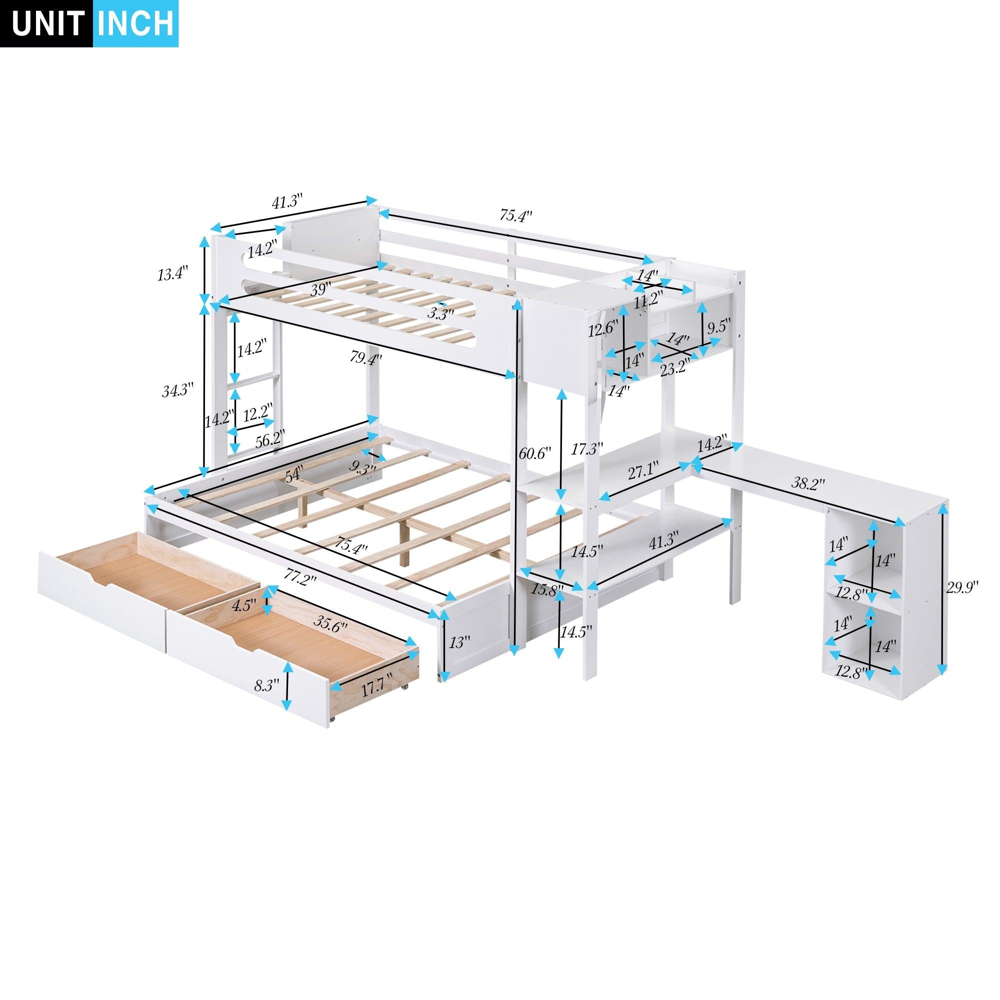 Twin over Full Bunk Bed with Drawers, Shelves, Drawers, and L-shaped Desk - White