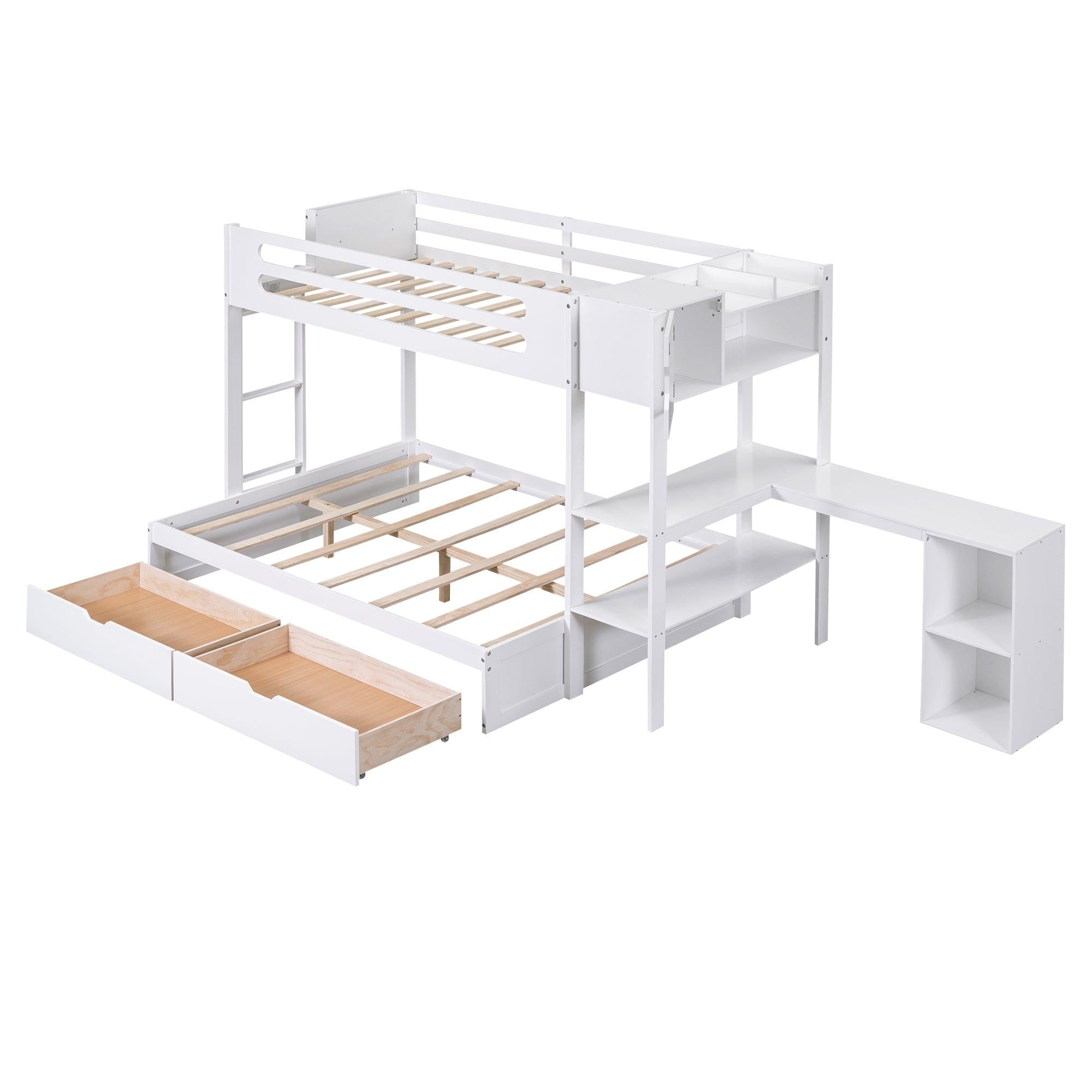 Twin over Full Bunk Bed with Drawers, Shelves, Drawers, and L-shaped Desk - White