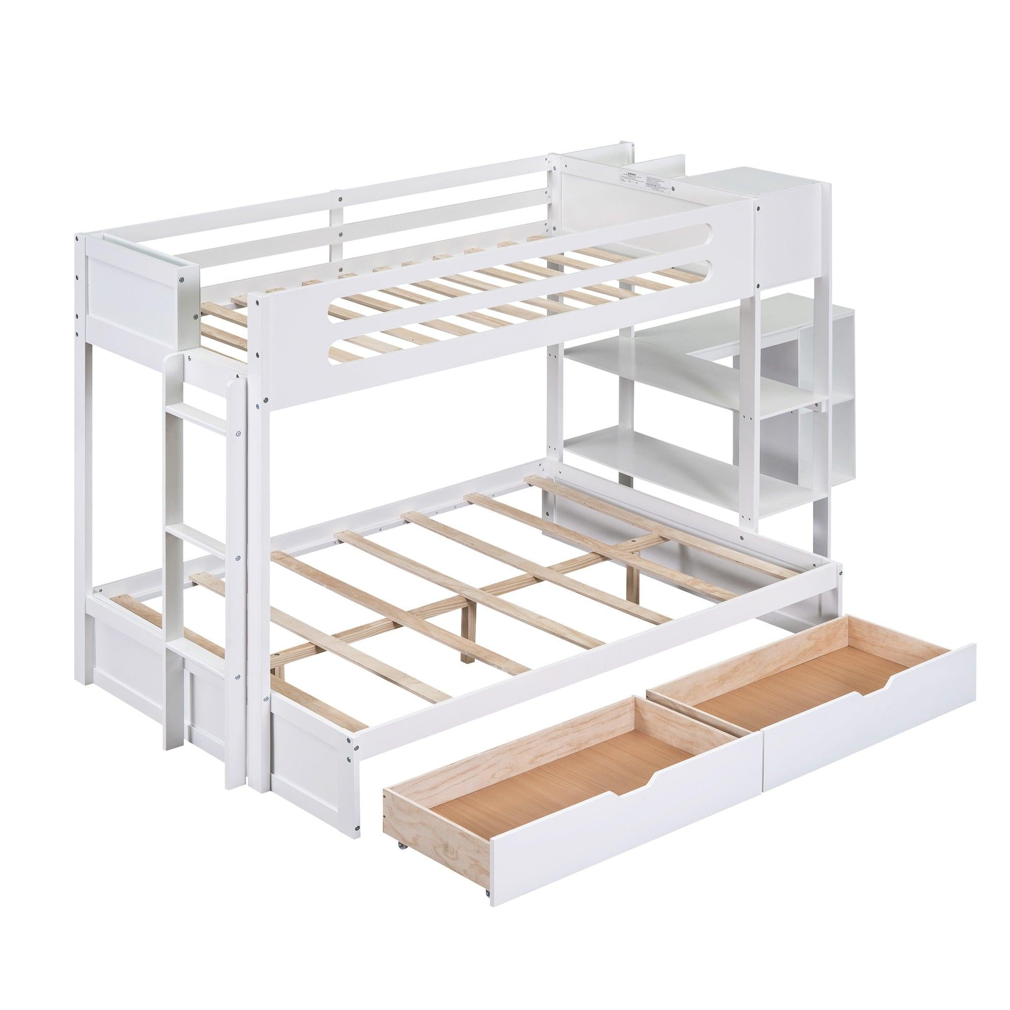 Twin over Full Bunk Bed with Drawers, Shelves, Drawers, and L-shaped Desk - White