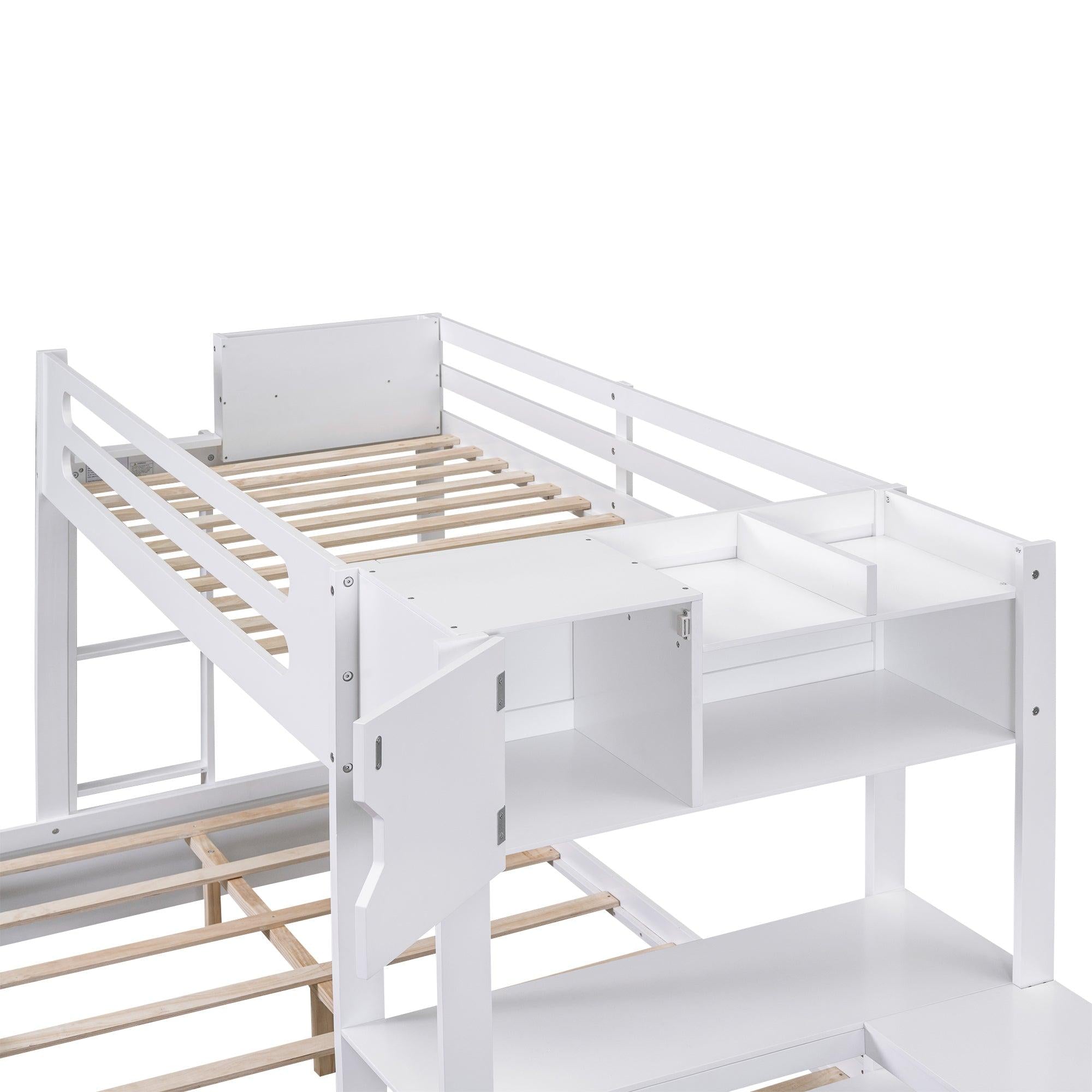 Twin over Full Bunk Bed with Drawers, Shelves, Drawers, and L-shaped Desk - White