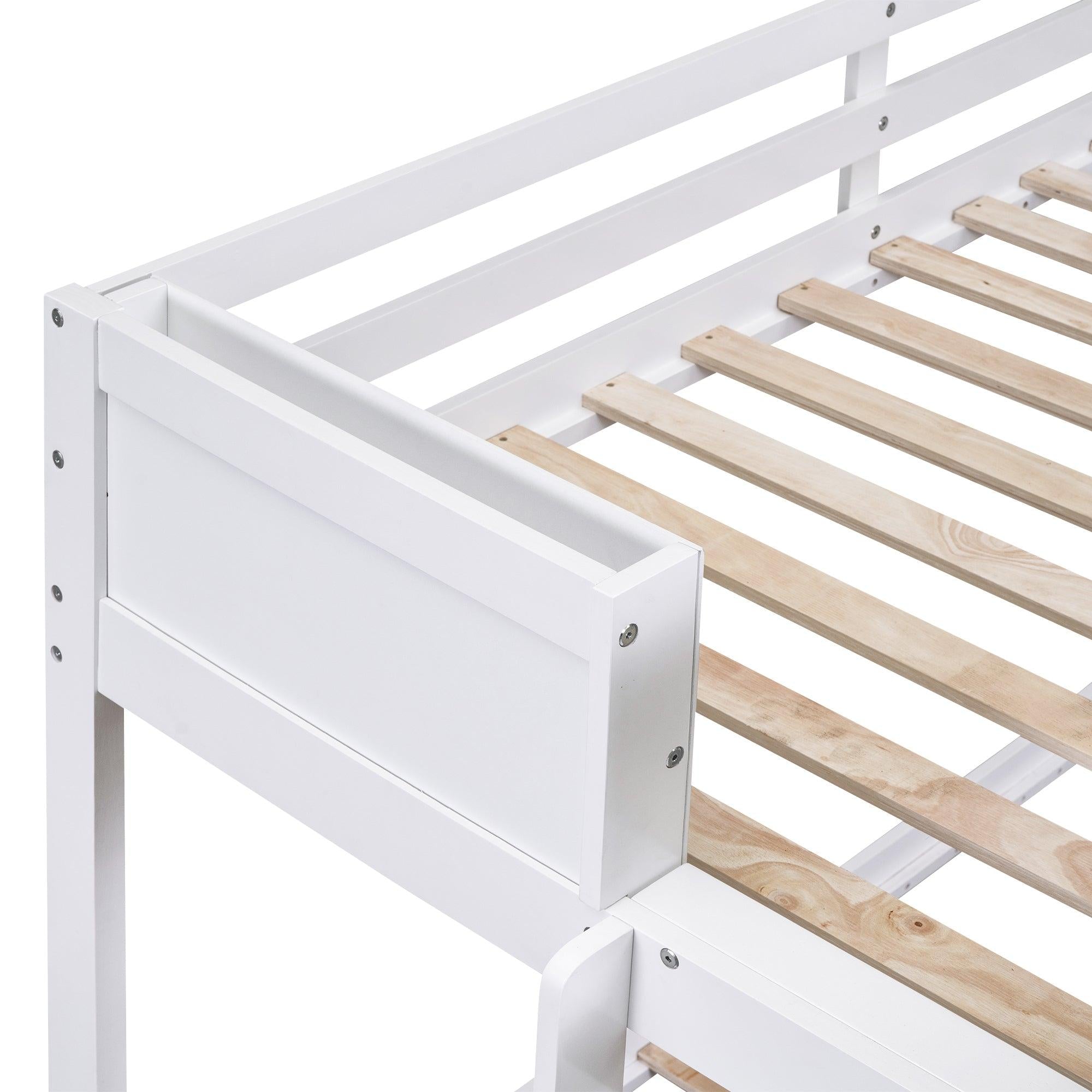 Twin over Full Bunk Bed with Drawers, Shelves, Drawers, and L-shaped Desk - White