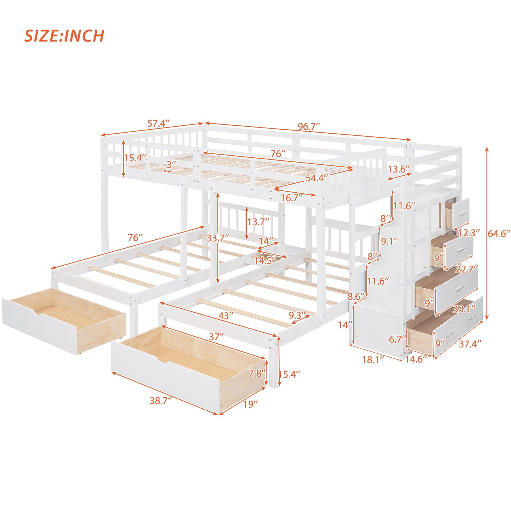 Full over Twin and Twin Bunk Bed with Drawers and Guardrail - White