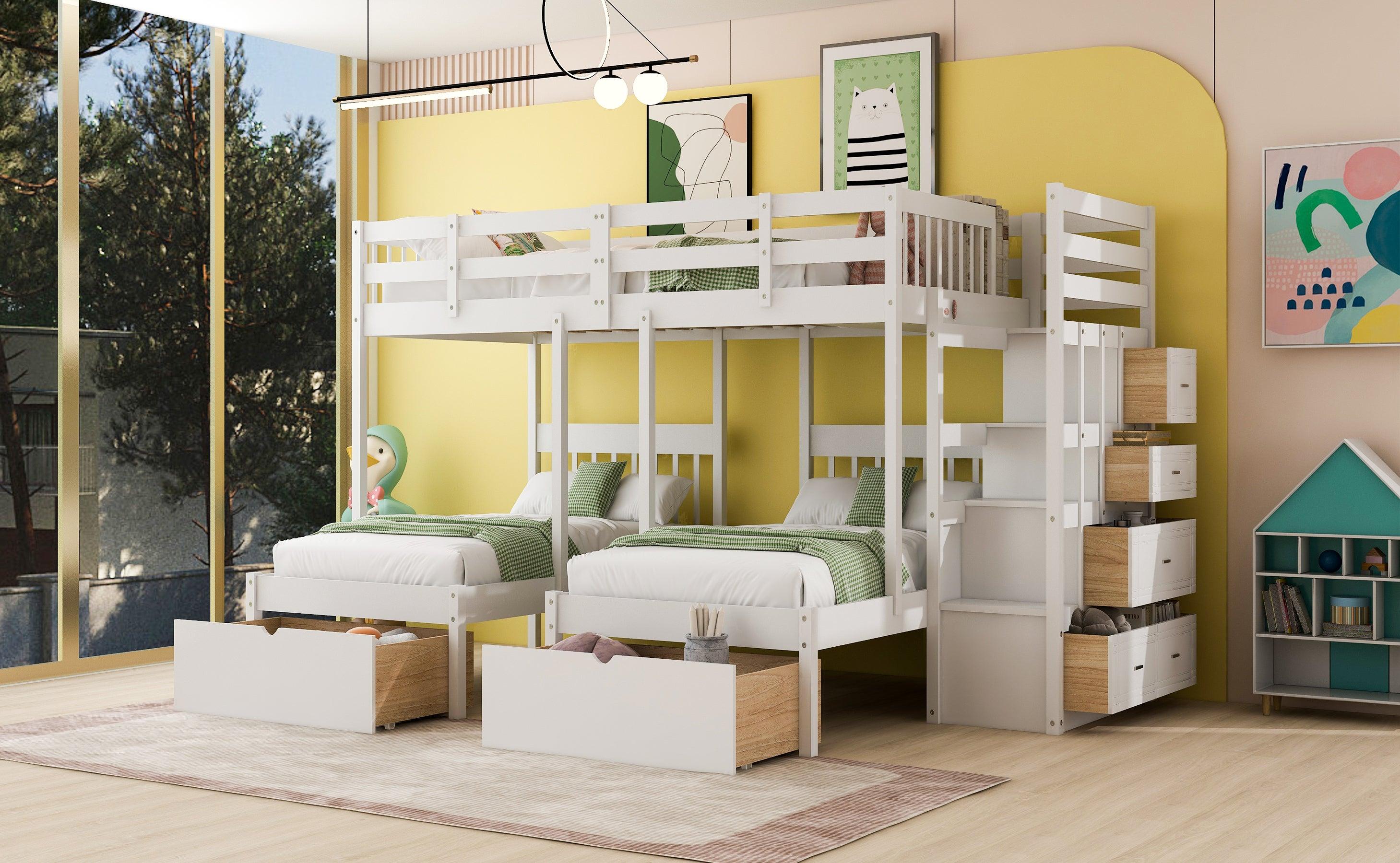 Full over Twin and Twin Bunk Bed with Drawers and Guardrail - White