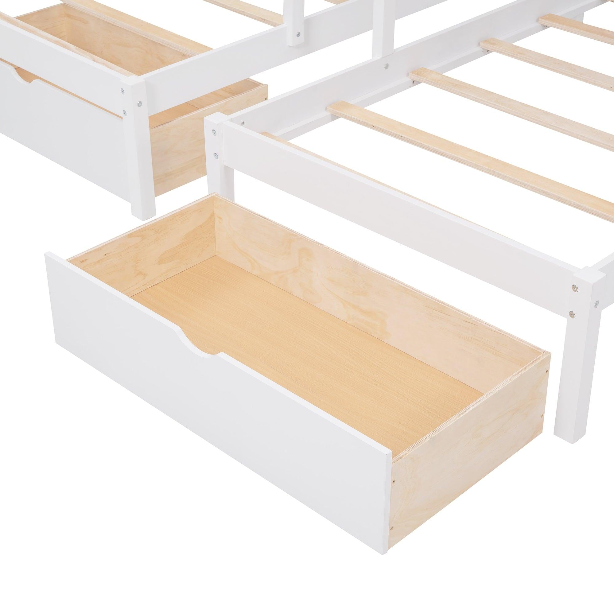 Full over Twin and Twin Bunk Bed with Drawers and Guardrail - White