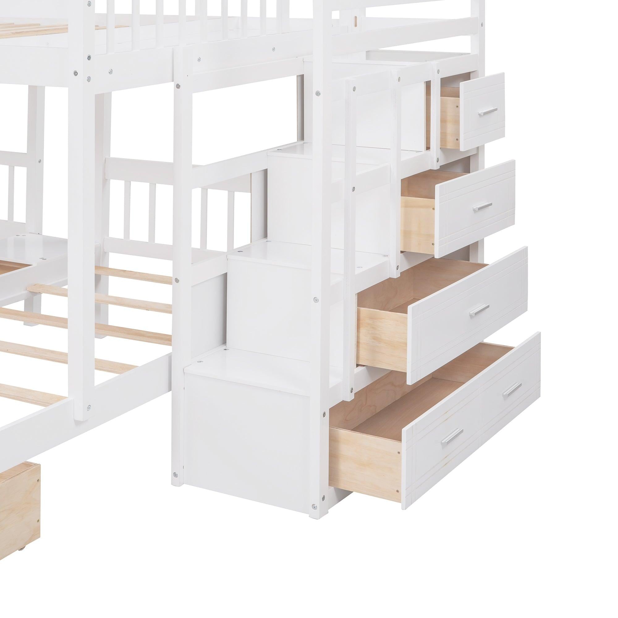 Full over Twin and Twin Bunk Bed with Drawers and Guardrail - White