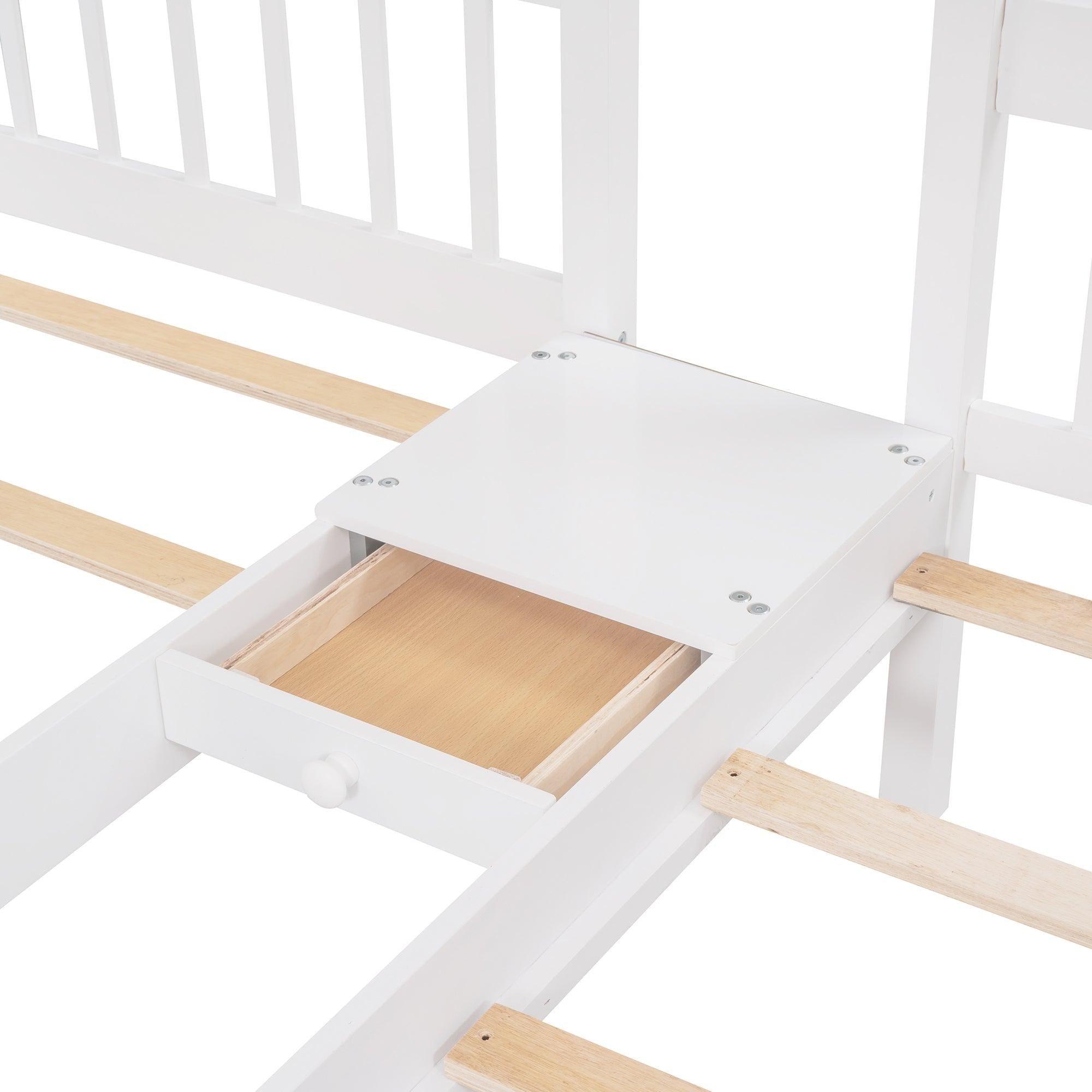 Full over Twin and Twin Bunk Bed with Drawers and Guardrail - White