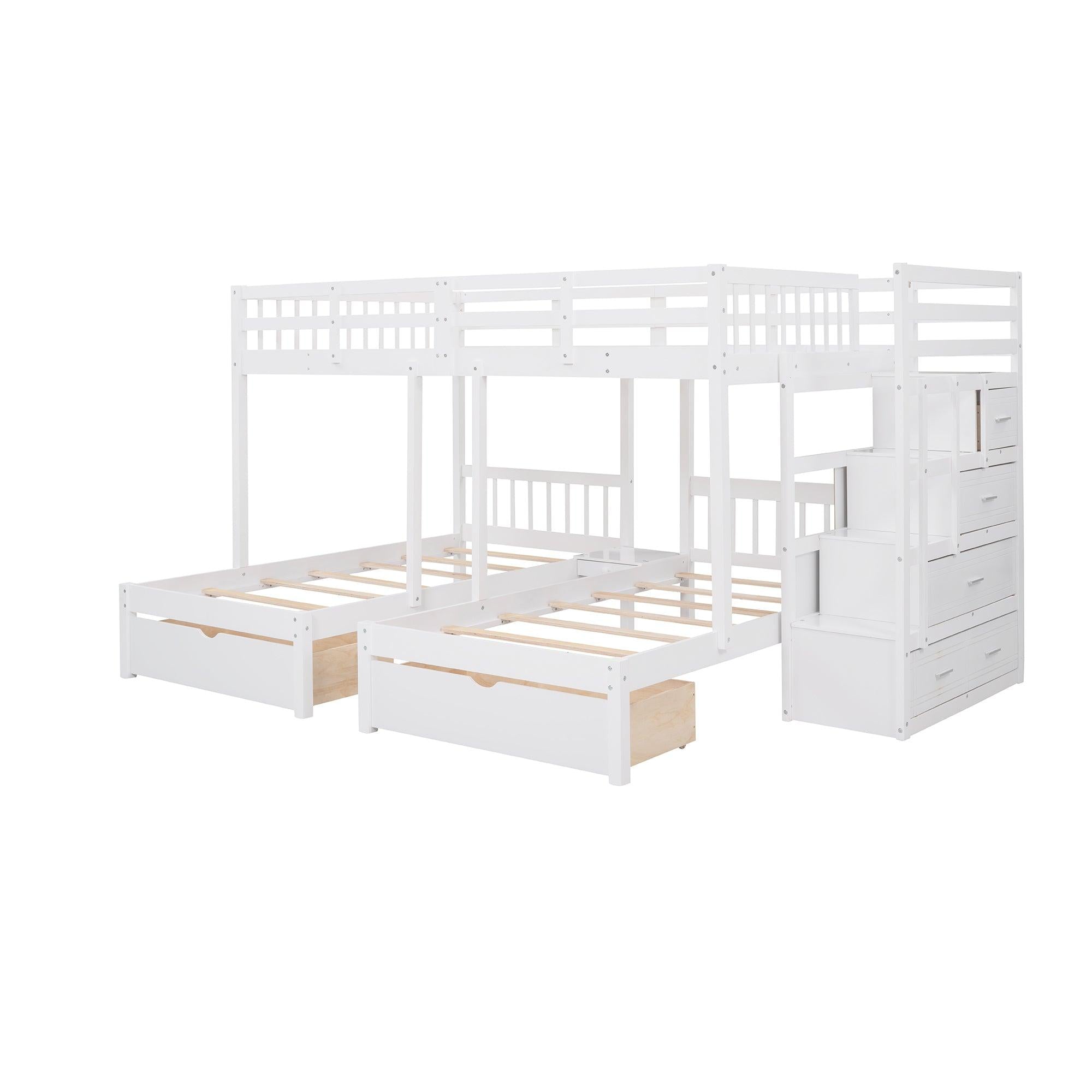 Full over Twin and Twin Bunk Bed with Drawers and Guardrail - White