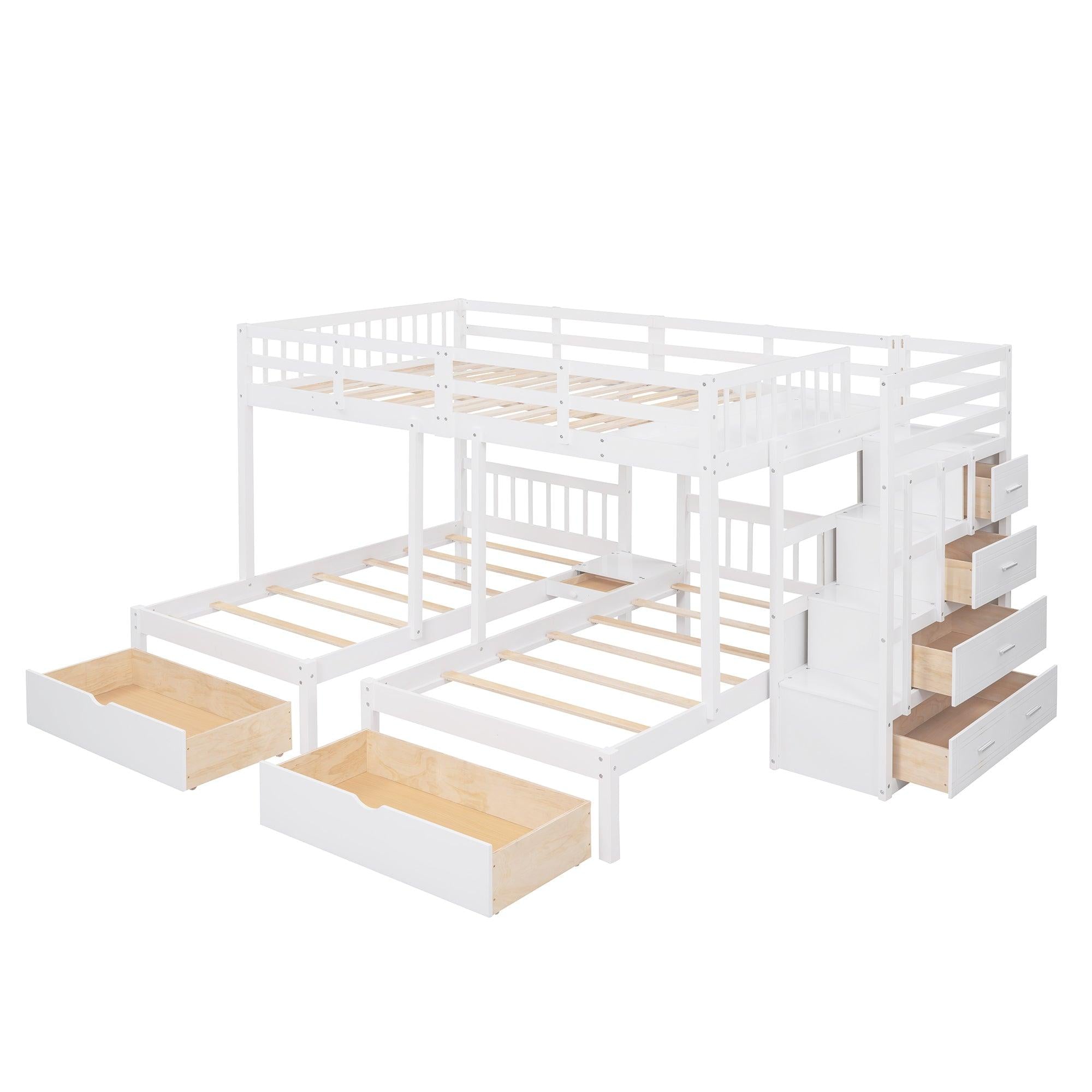 Full over Twin and Twin Bunk Bed with Drawers and Guardrail - White