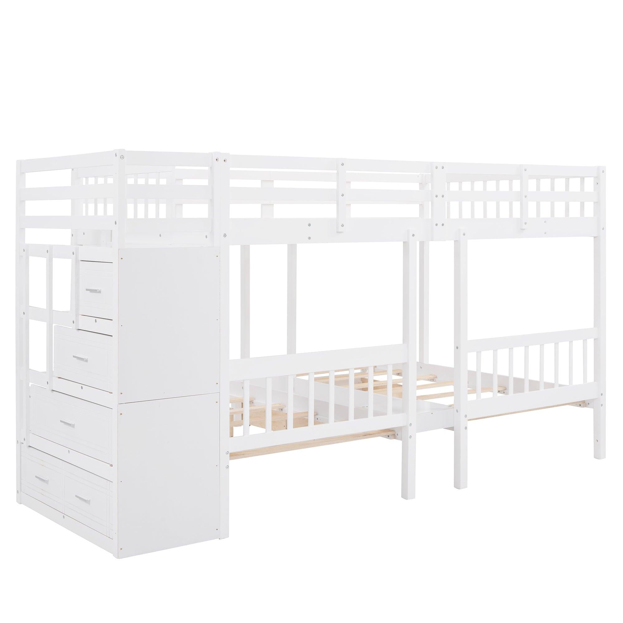 Full over Twin and Twin Bunk Bed with Drawers and Guardrail - White