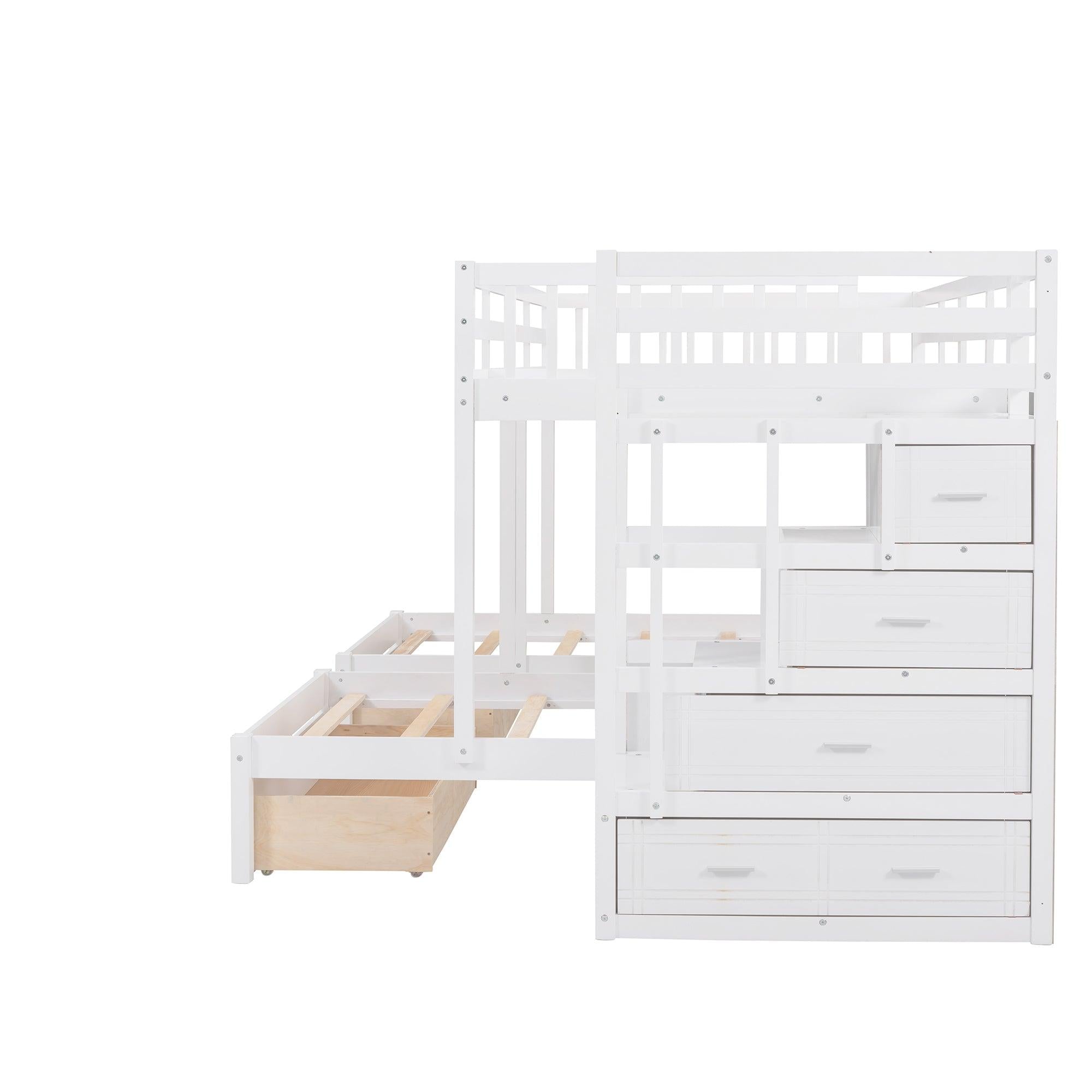 Full over Twin and Twin Bunk Bed with Drawers and Guardrail - White