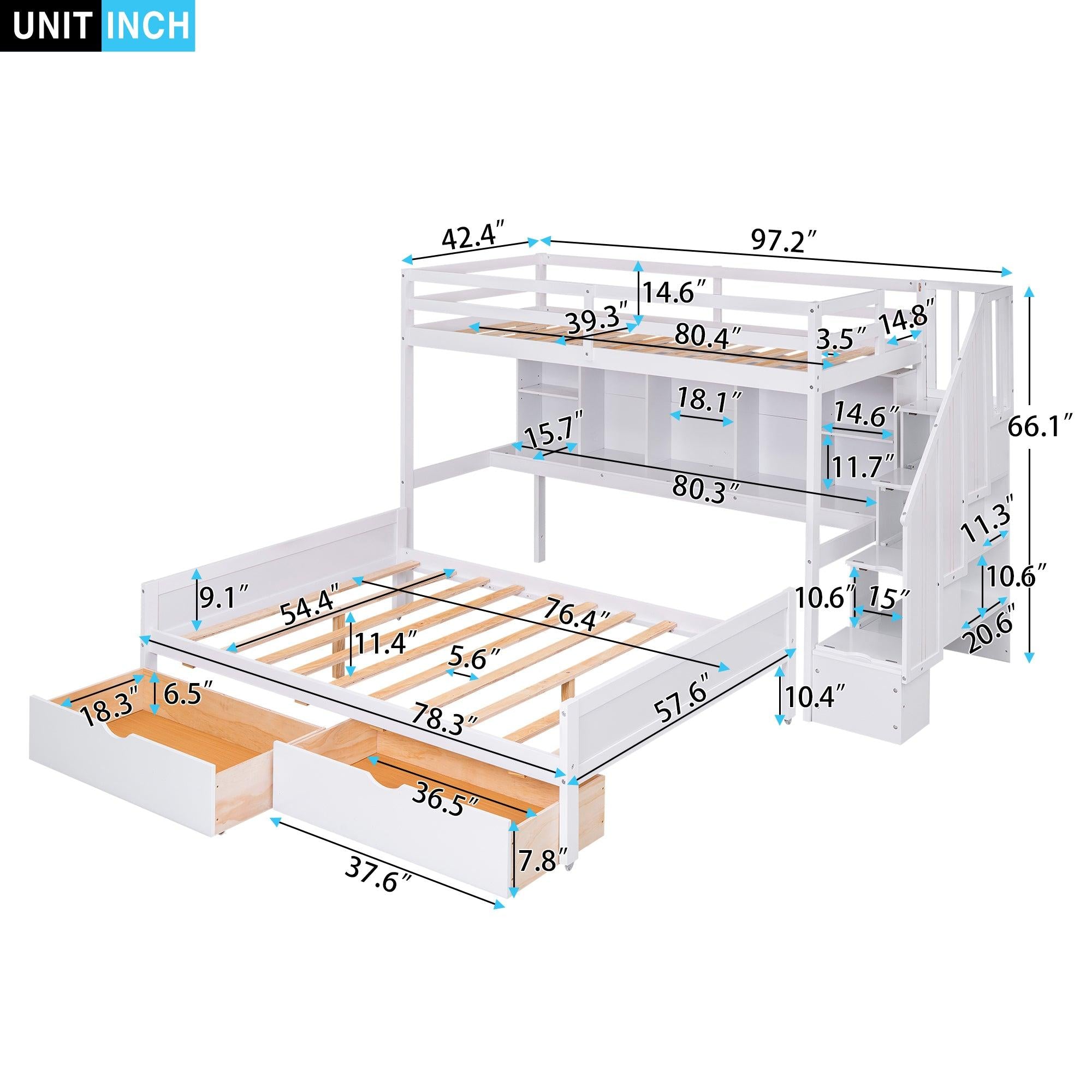 Twin XL over Full Bunk Bed withStorage Shelves, Drawers andStorage Staircase - White