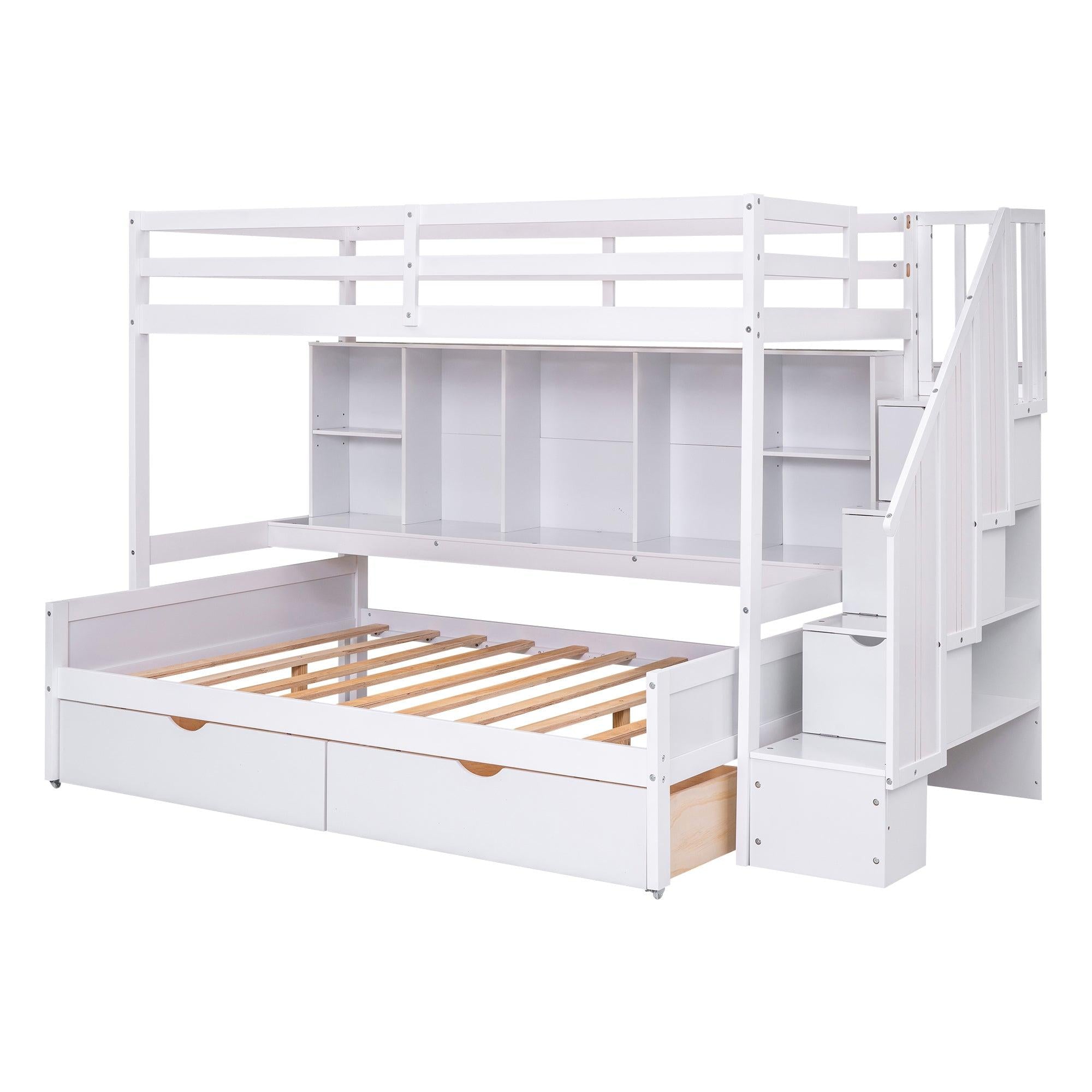 Twin XL over Full Bunk Bed withStorage Shelves, Drawers andStorage Staircase - White