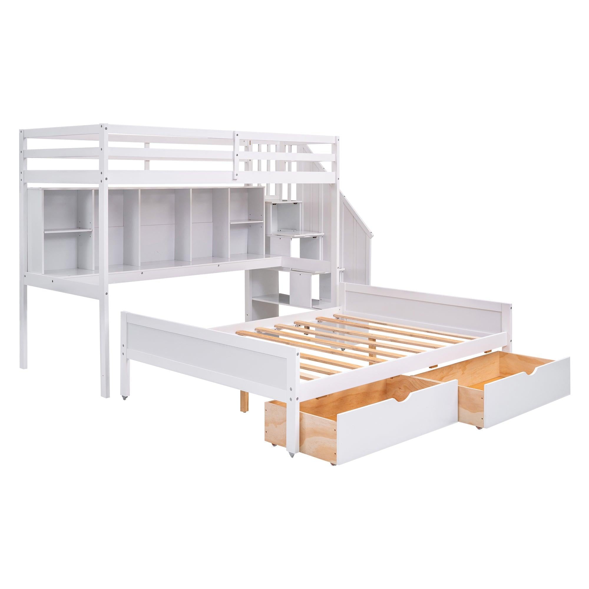 Twin XL over Full Bunk Bed withStorage Shelves, Drawers andStorage Staircase - White