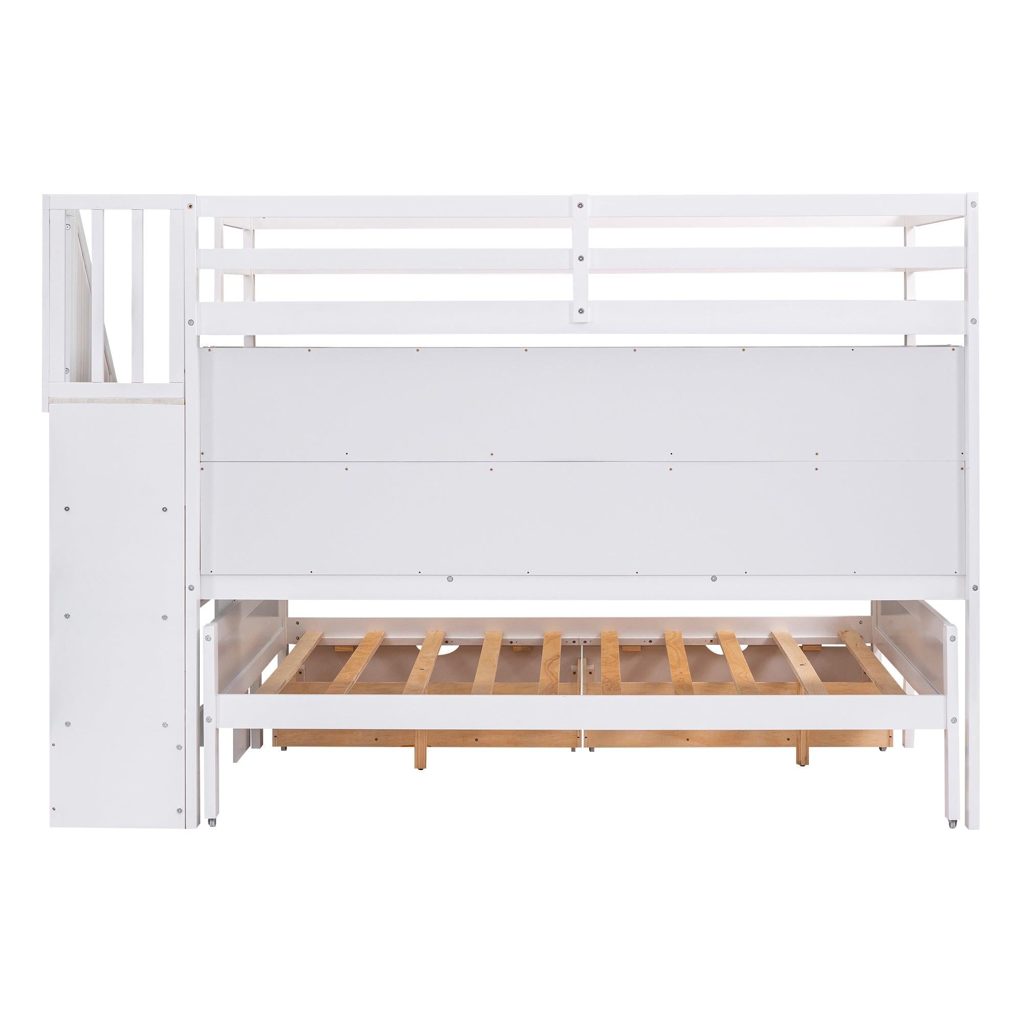 Twin XL over Full Bunk Bed withStorage Shelves, Drawers andStorage Staircase - White