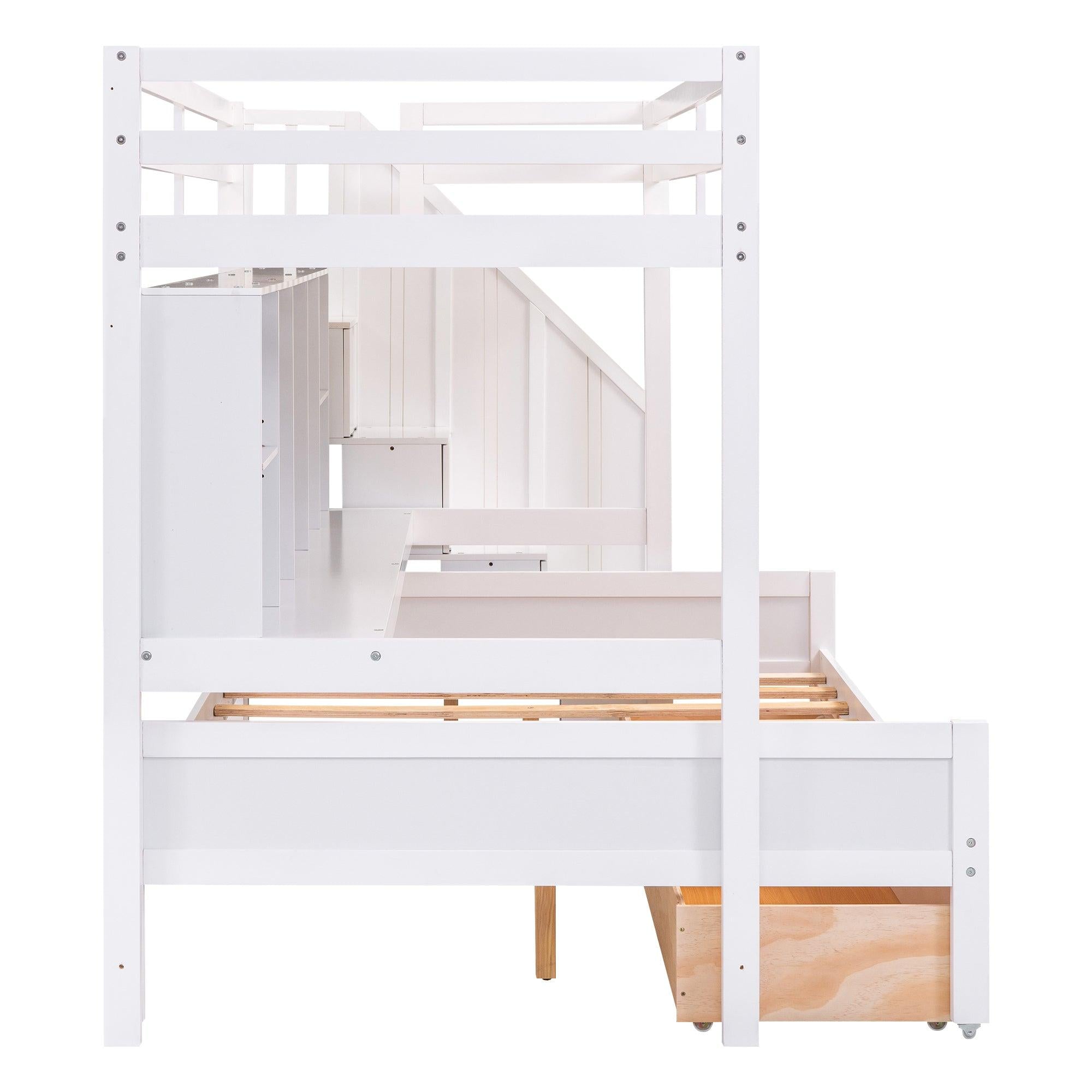 Twin XL over Full Bunk Bed withStorage Shelves, Drawers andStorage Staircase - White