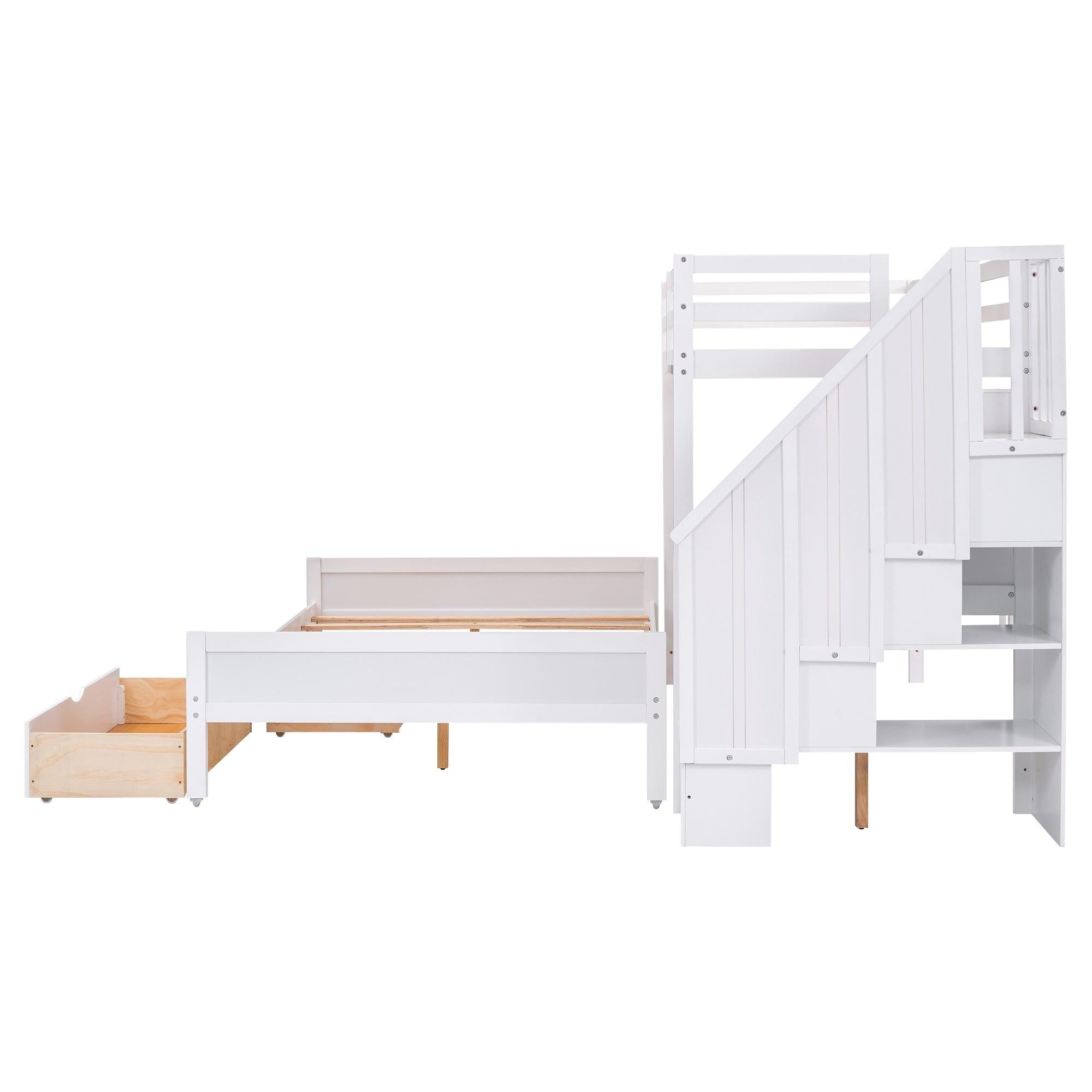 Twin XL over Full Bunk Bed withStorage Shelves, Drawers andStorage Staircase - White