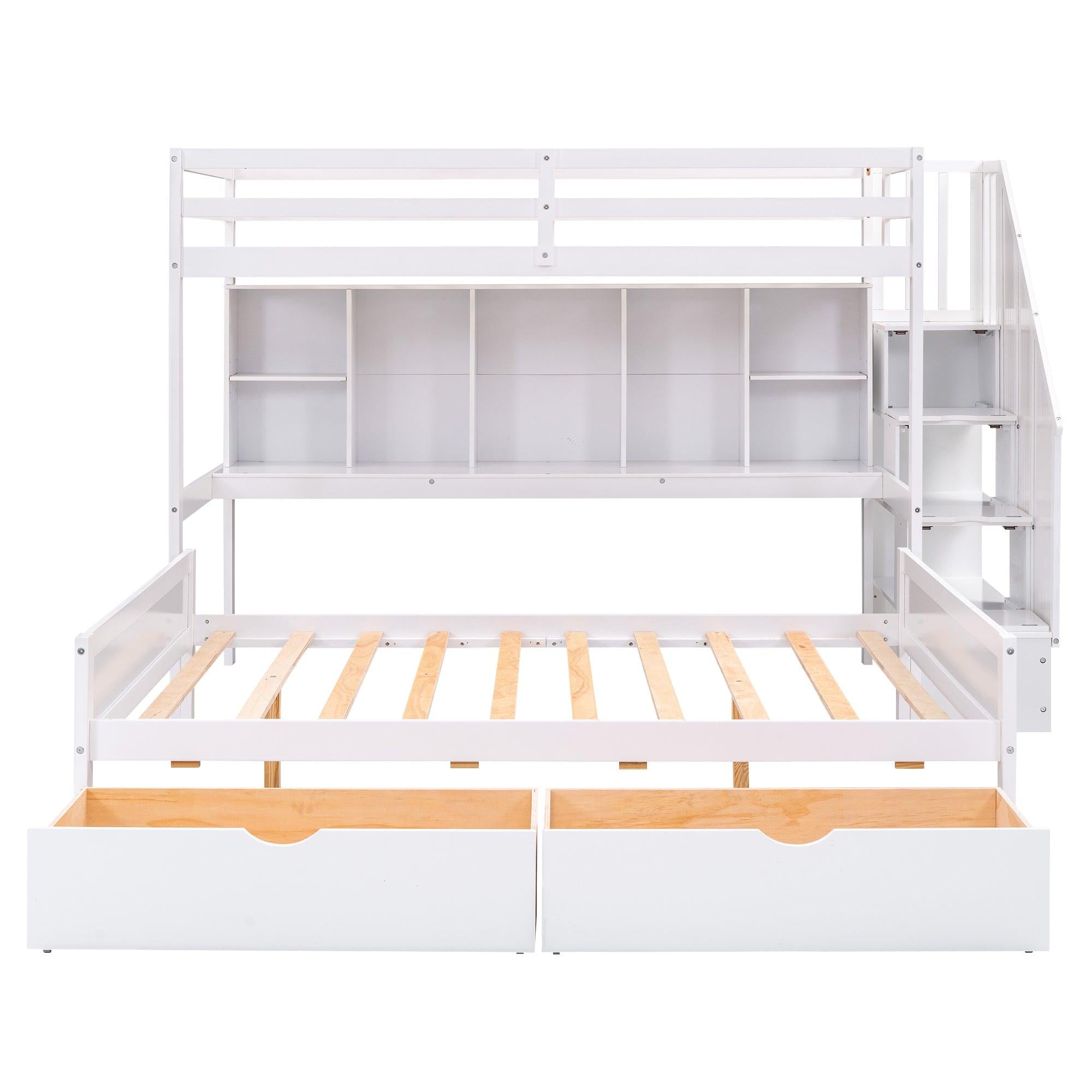 Twin XL over Full Bunk Bed withStorage Shelves, Drawers andStorage Staircase - White