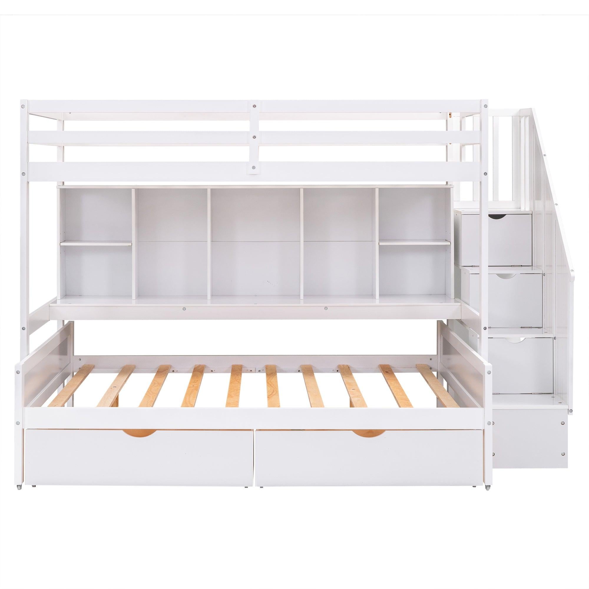 Twin XL over Full Bunk Bed withStorage Shelves, Drawers andStorage Staircase - White