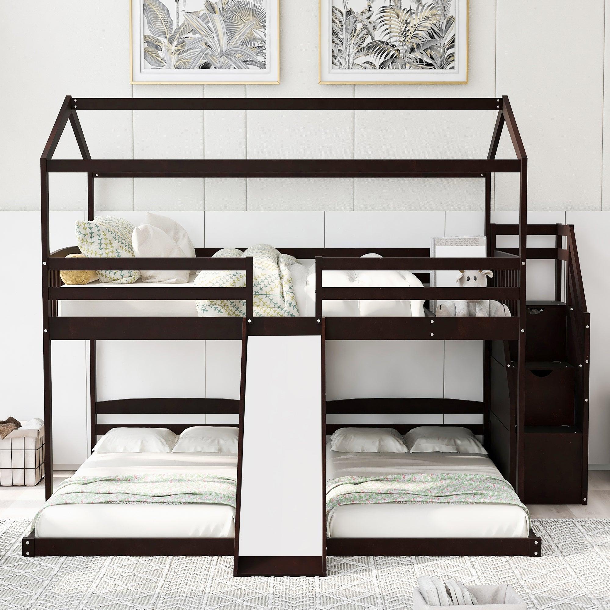 Full over Twin and Twin House Shaped Bunk Bed withStorage Staircase, Drawer , Slide, and Shelf - Espresso