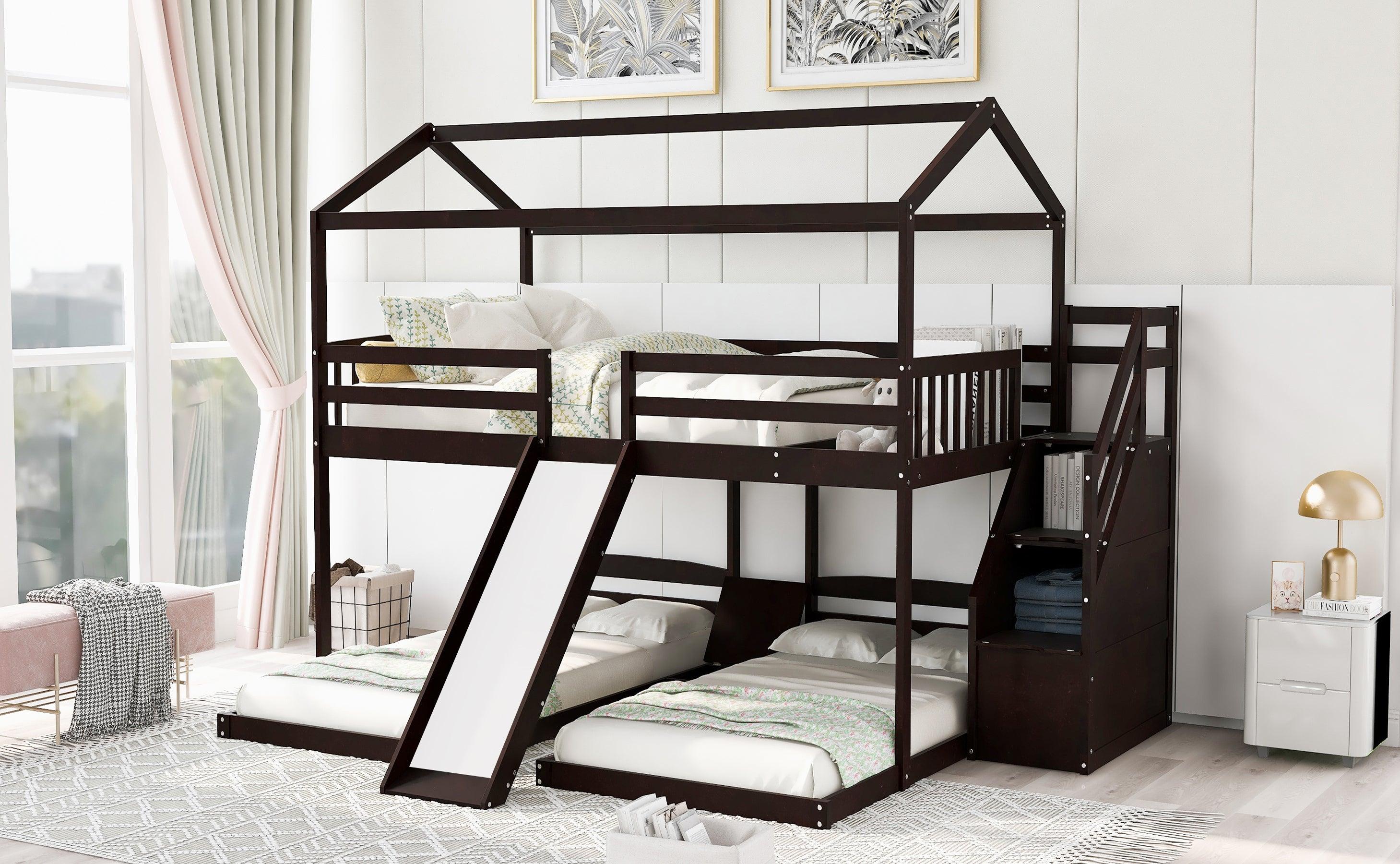 Full over Twin and Twin House Shaped Bunk Bed withStorage Staircase, Drawer , Slide, and Shelf - Espresso