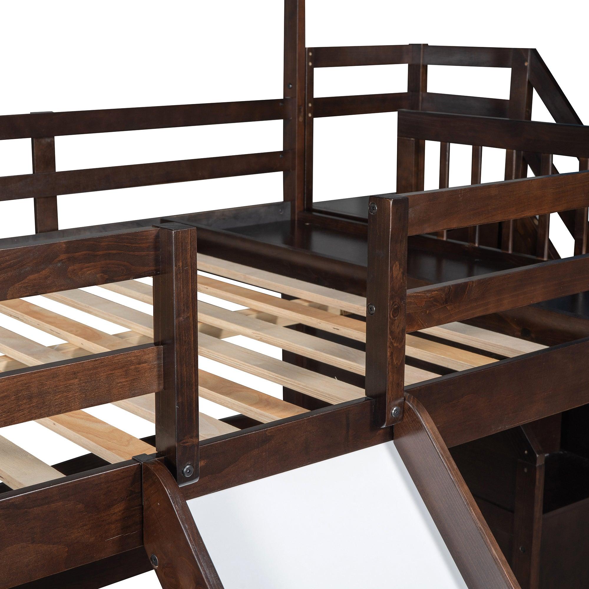 Full over Twin and Twin House Shaped Bunk Bed withStorage Staircase, Drawer , Slide, and Shelf - Espresso