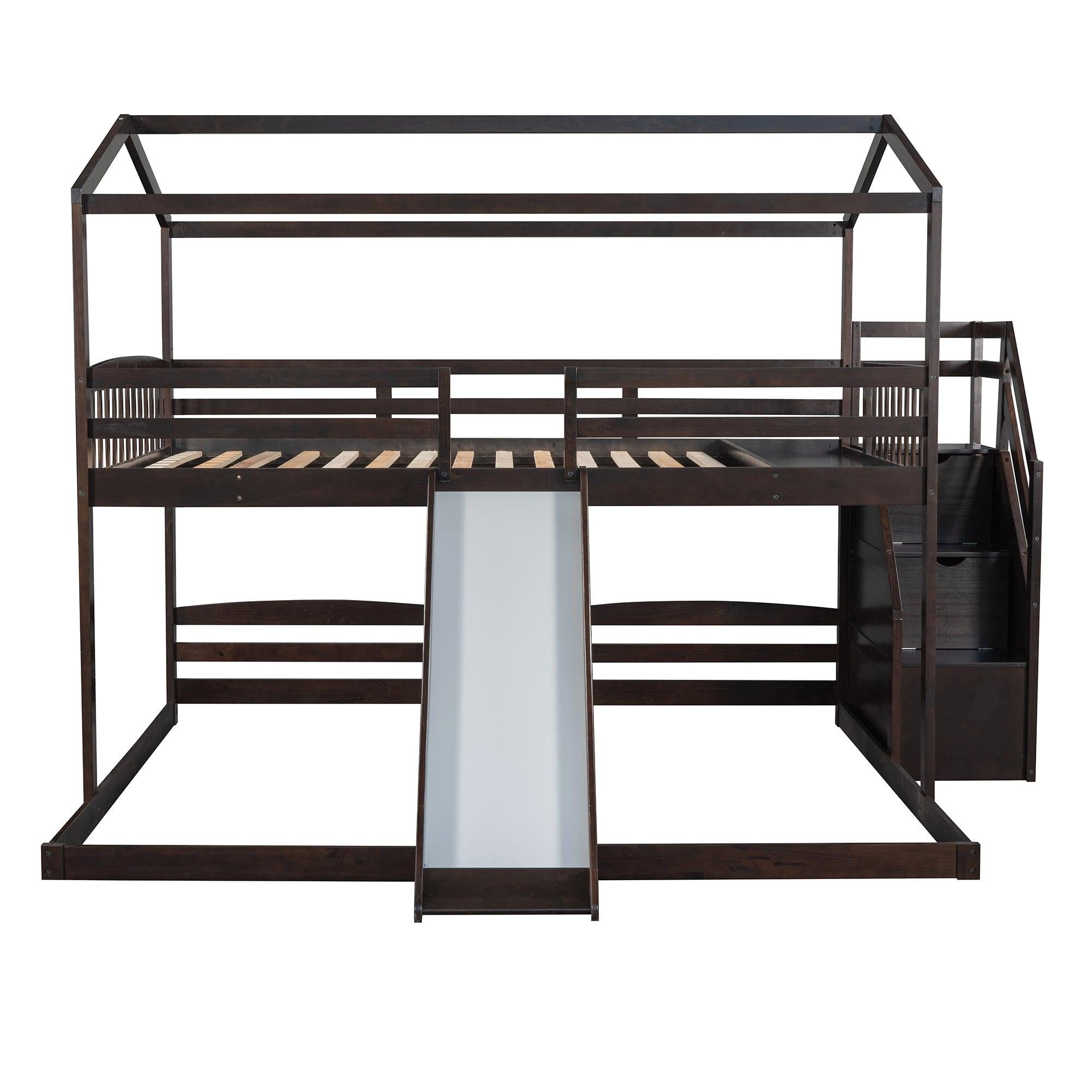 Full over Twin and Twin House Shaped Bunk Bed withStorage Staircase, Drawer , Slide, and Shelf - Espresso