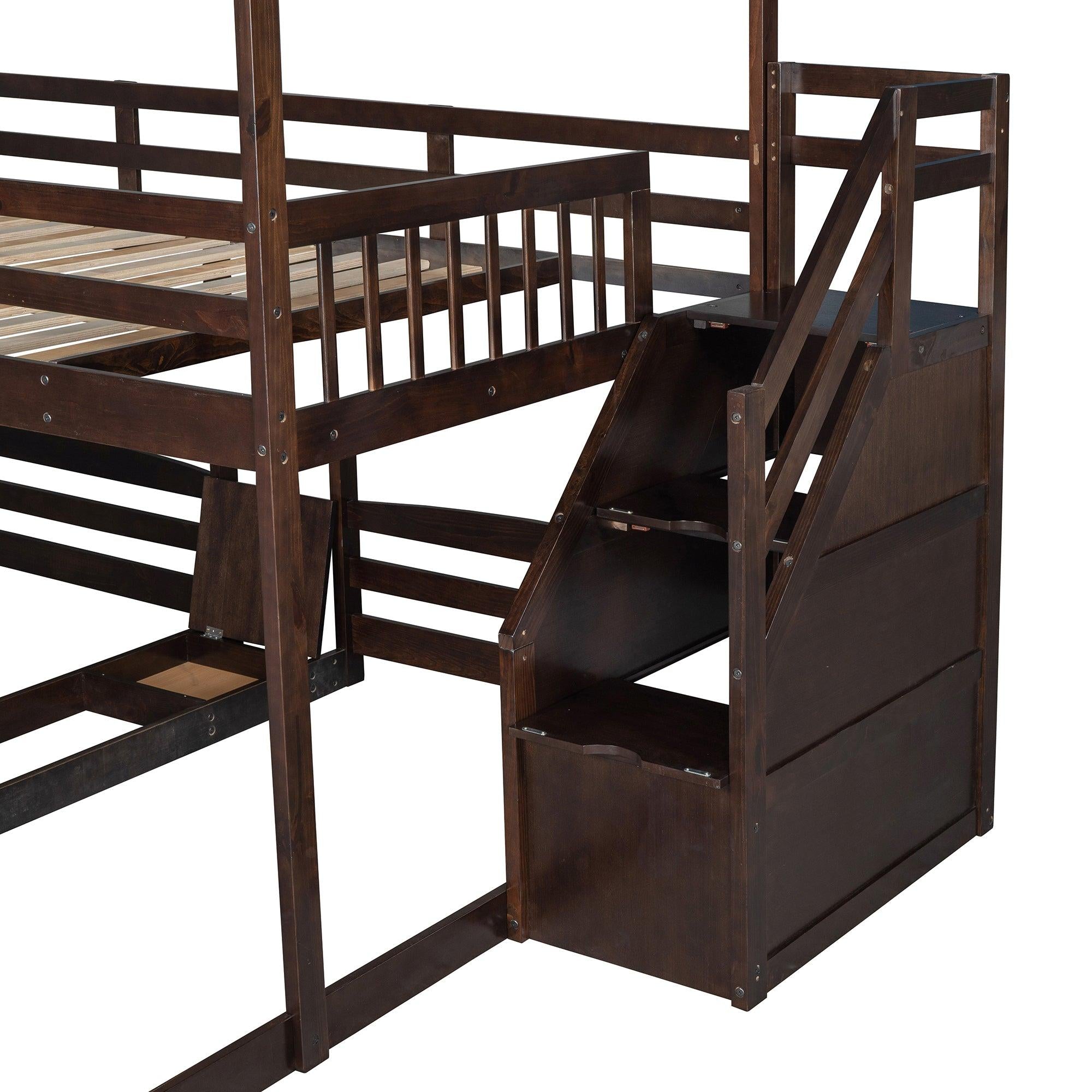 Full over Twin and Twin House Shaped Bunk Bed withStorage Staircase, Drawer , Slide, and Shelf - Espresso