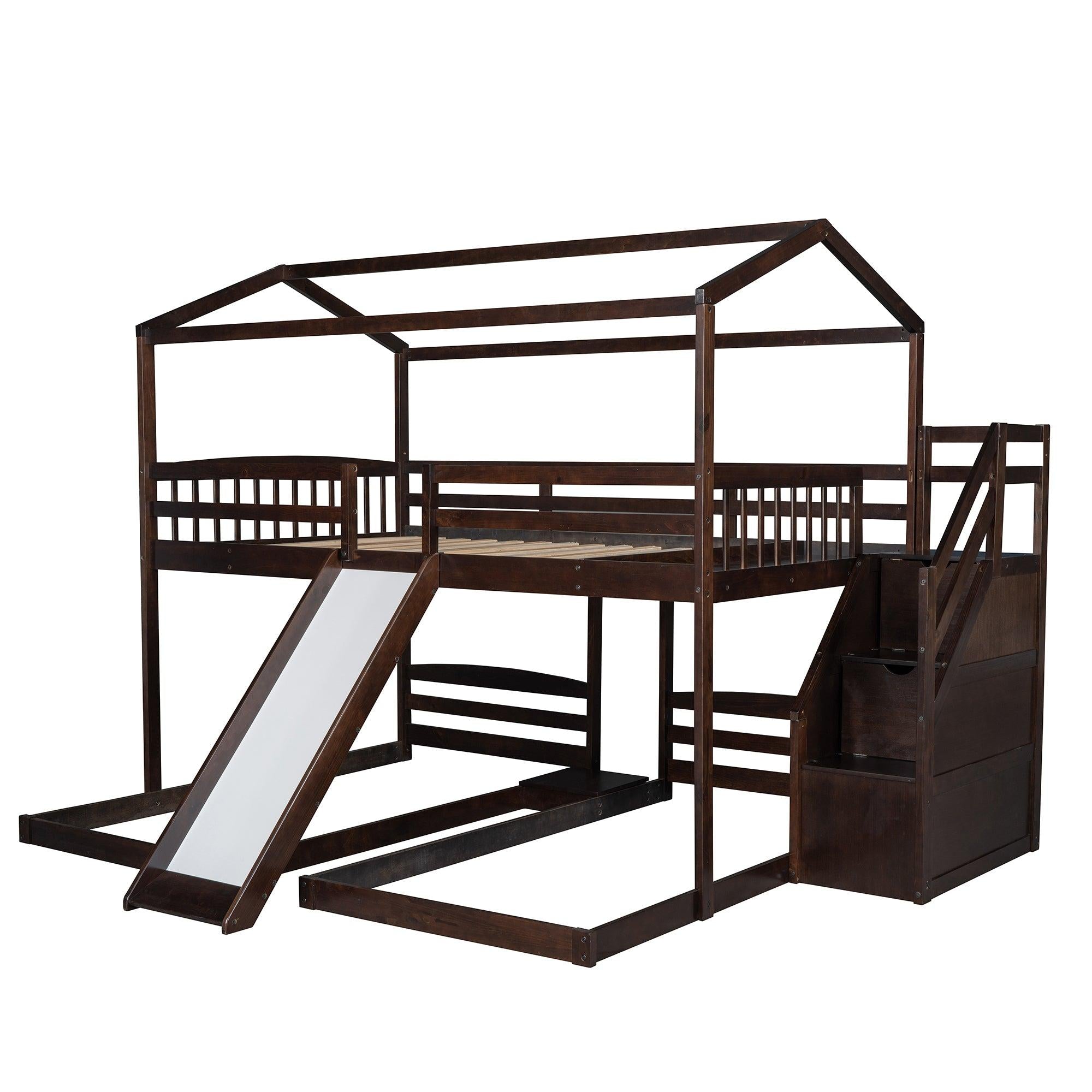 Full over Twin and Twin House Shaped Bunk Bed withStorage Staircase, Drawer , Slide, and Shelf - Espresso