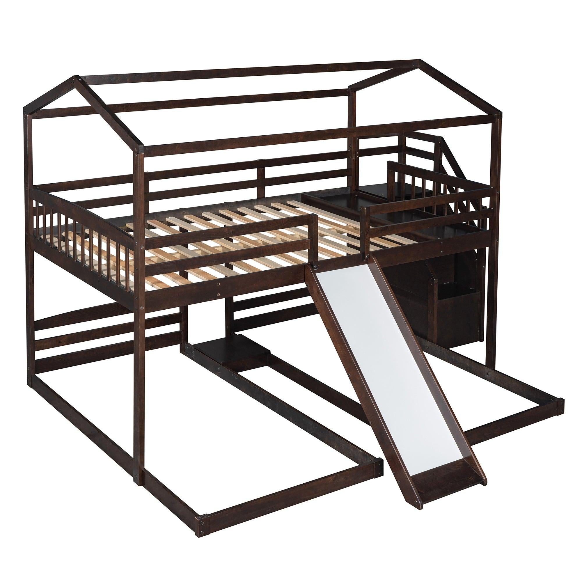 Full over Twin and Twin House Shaped Bunk Bed withStorage Staircase, Drawer , Slide, and Shelf - Espresso