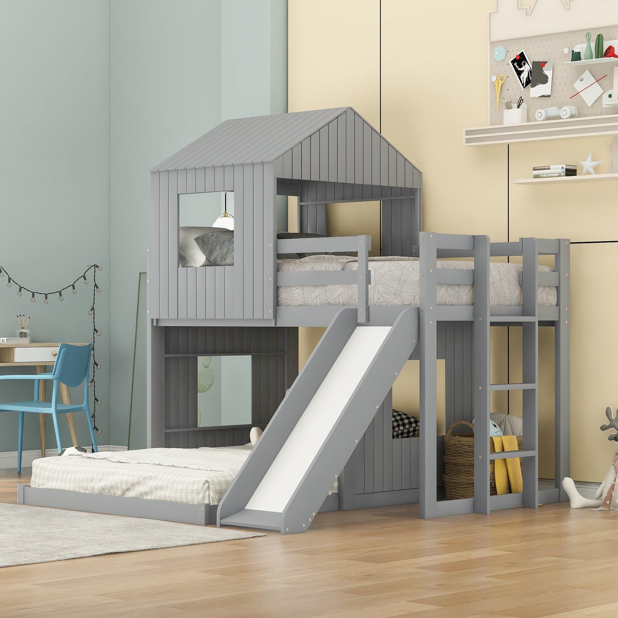 Twin Over Full House Shaped Bunk Bed with Ladder, Slide and Guardrails - Gray