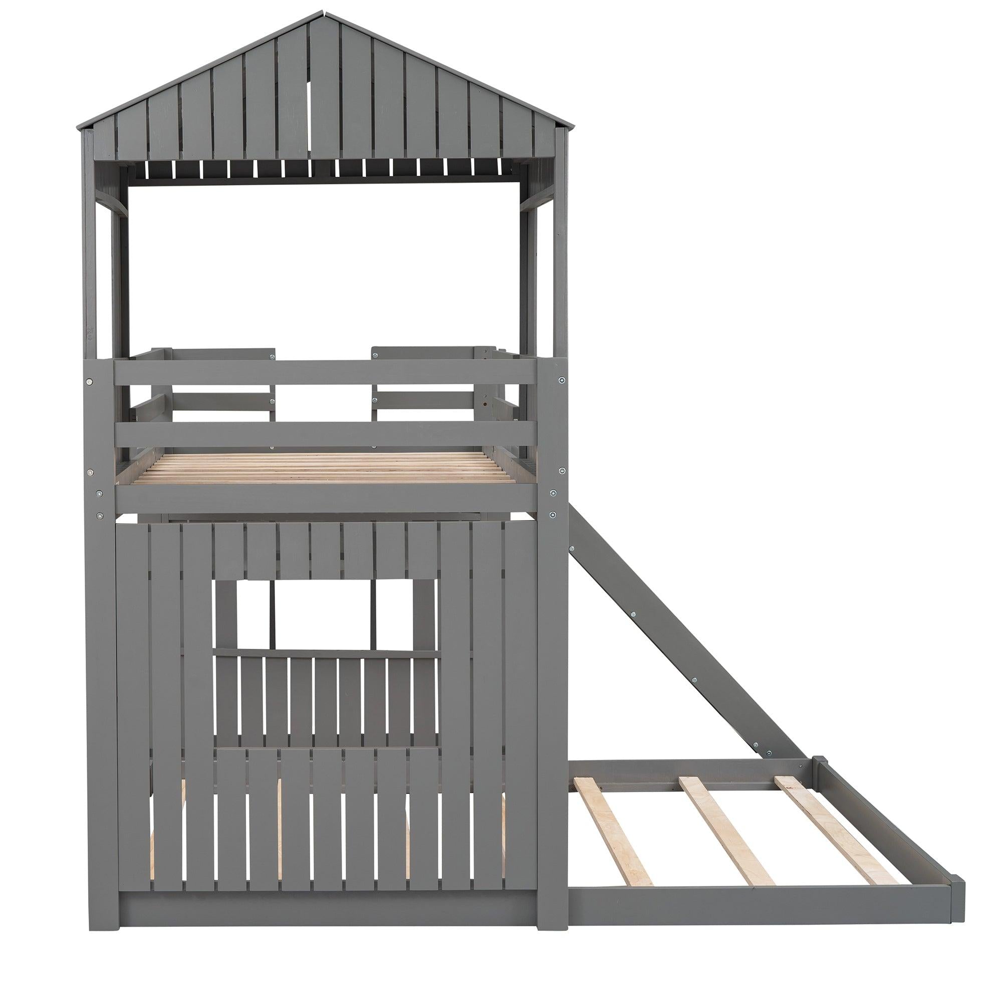 Twin Over Full House Shaped Bunk Bed with Ladder, Slide and Guardrails - Gray