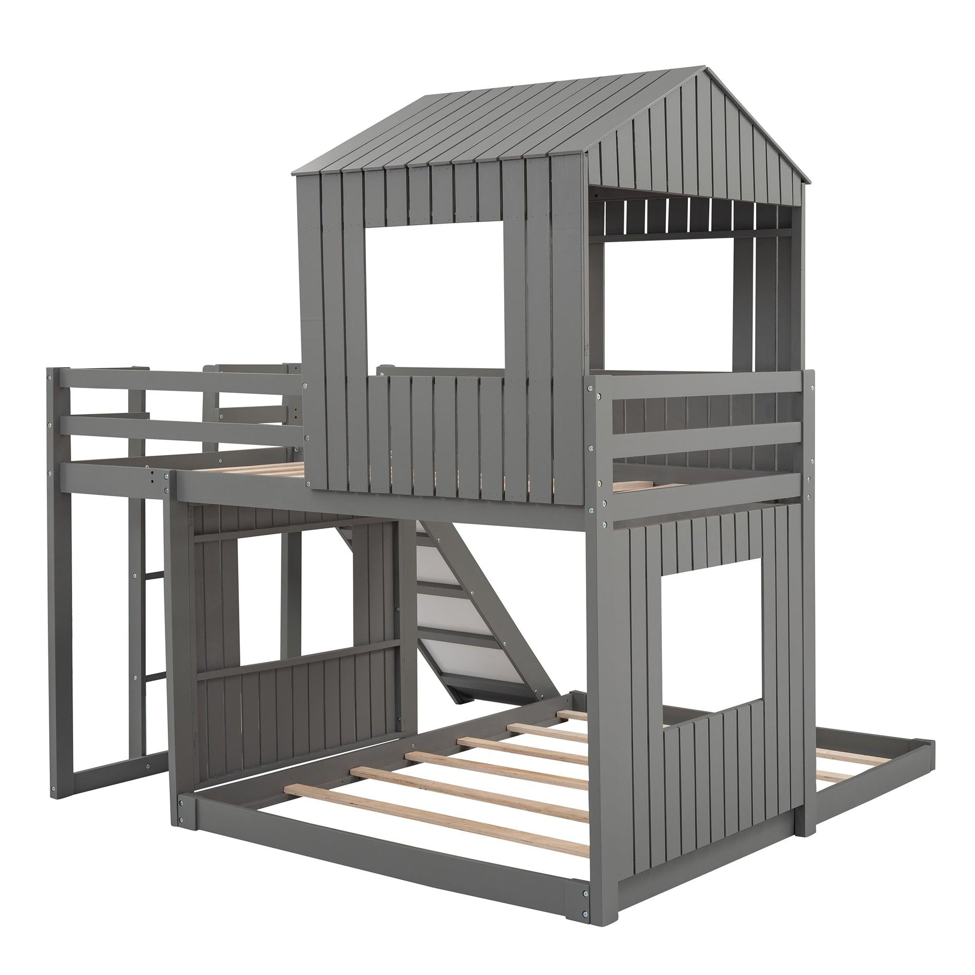 Twin Over Full House Shaped Bunk Bed with Ladder, Slide and Guardrails - Gray