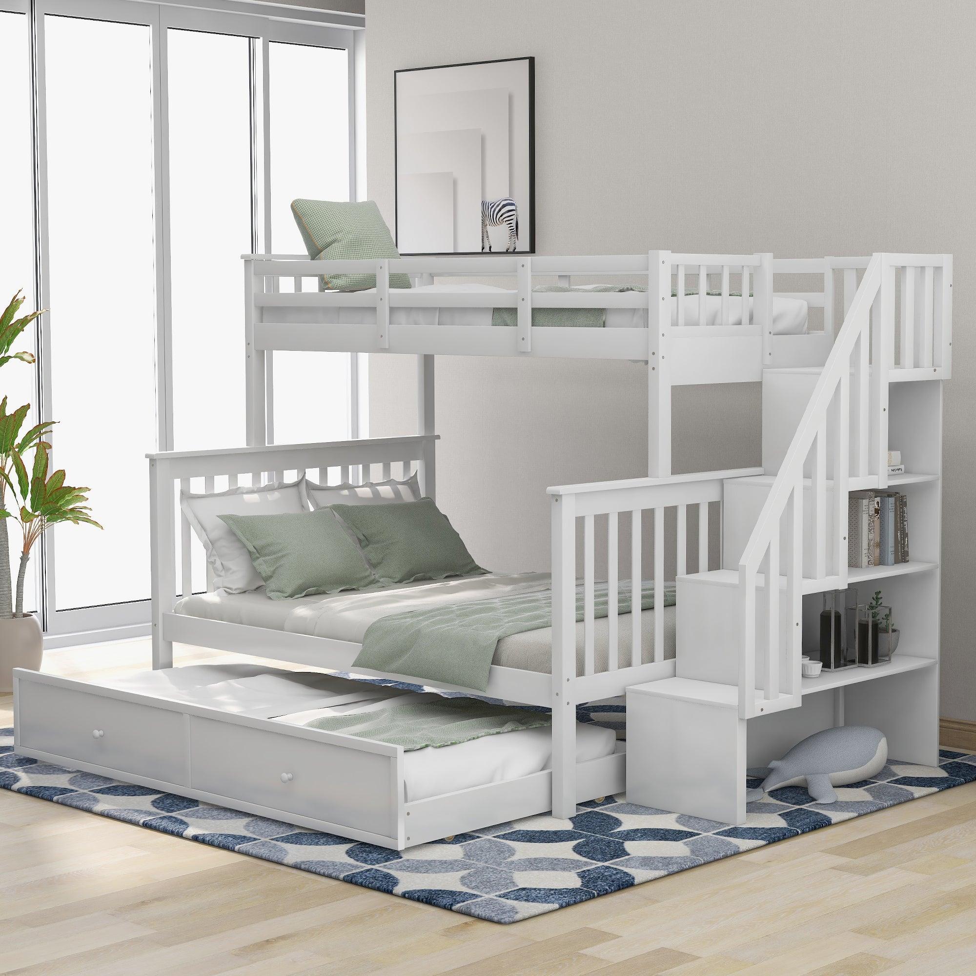 Twin over Full Bunk Bed with Twin size Trundle,Storage Staircase and Guard Rail - White image