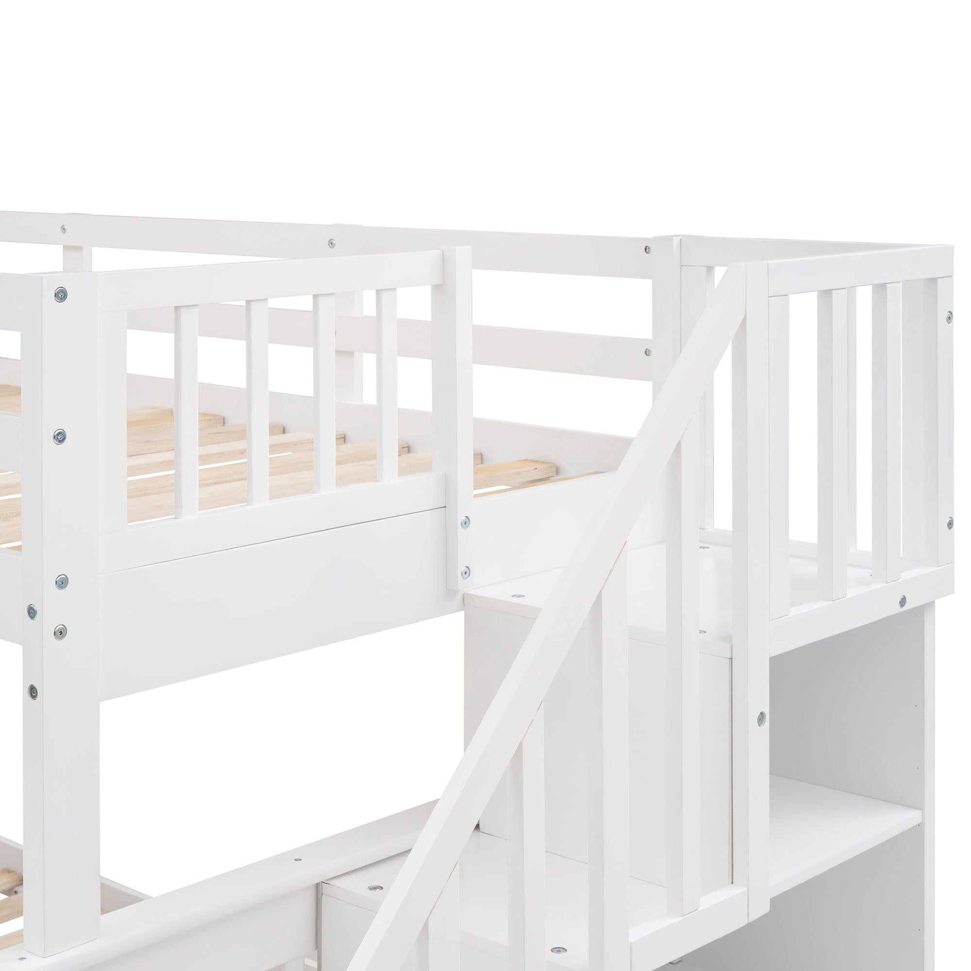 Twin over Full Bunk Bed with Twin size Trundle,Storage Staircase and Guard Rail - White