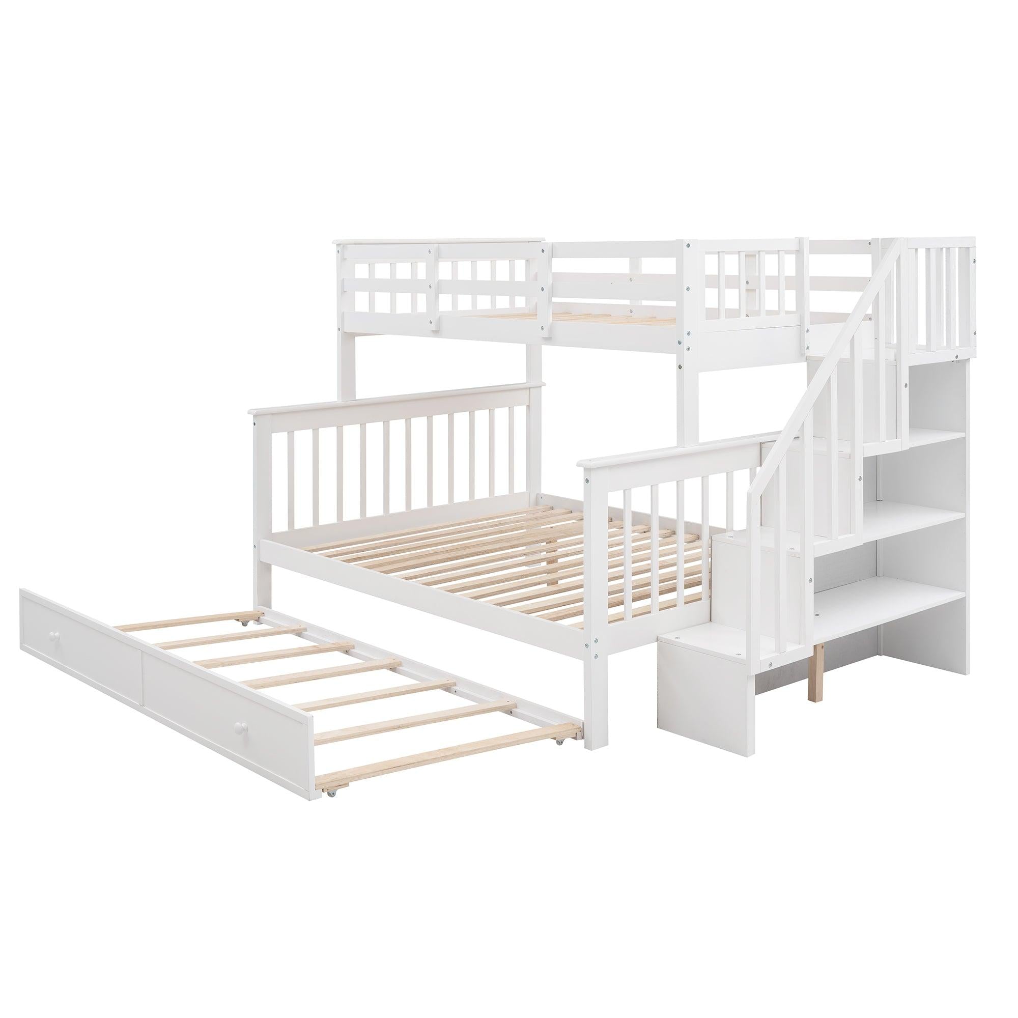 Twin over Full Bunk Bed with Twin size Trundle,Storage Staircase and Guard Rail - White