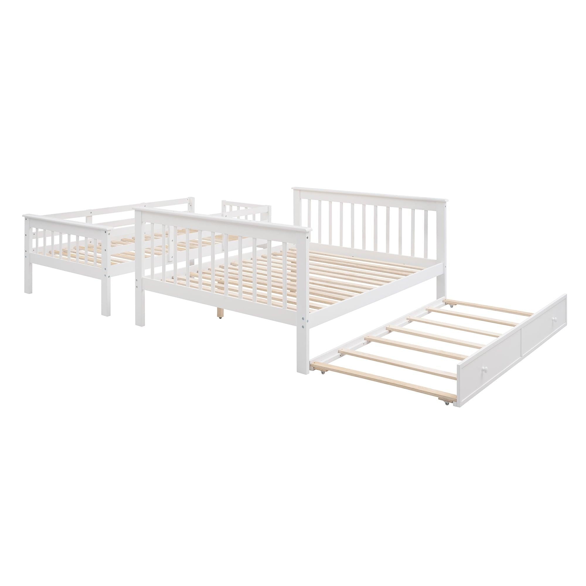 Twin over Full Bunk Bed with Twin size Trundle,Storage Staircase and Guard Rail - White