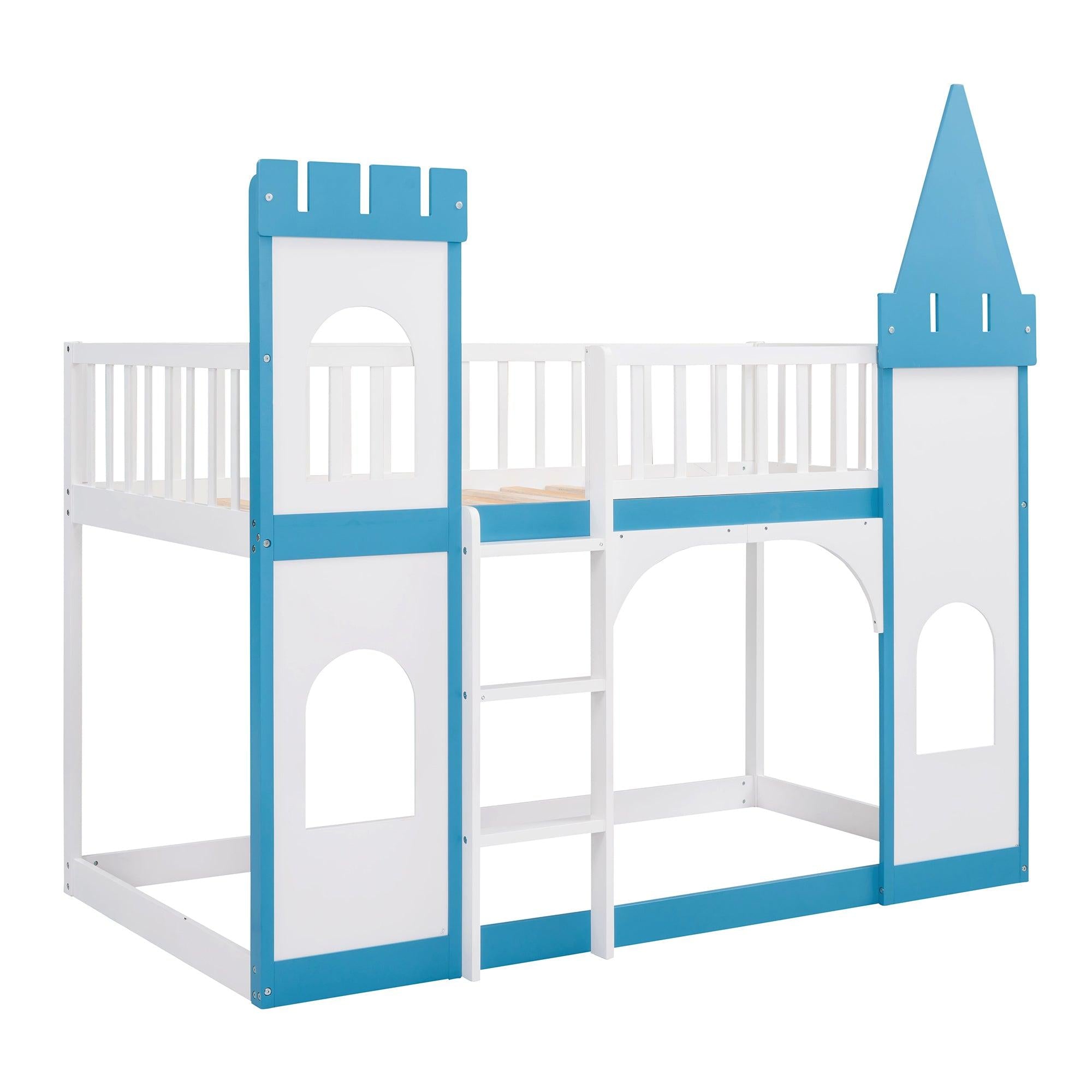 Twin Over Twin Castle Shaped Bunk Bed with Ladder - Blue