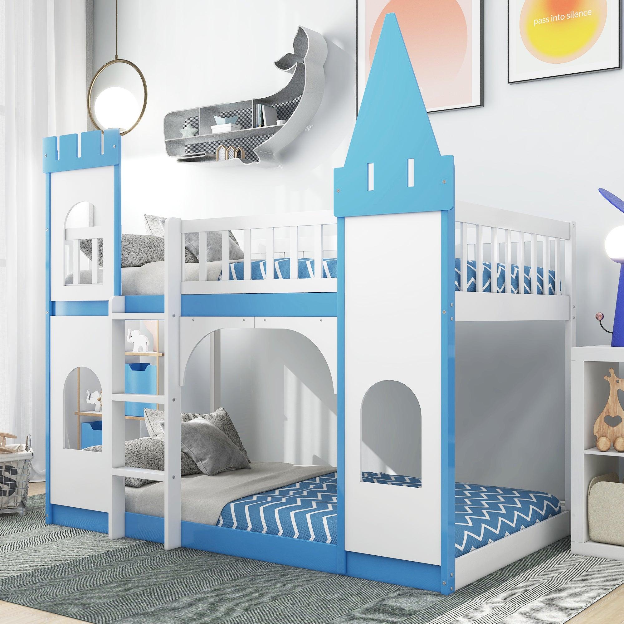 Twin Over Twin Castle Shaped Bunk Bed with Ladder - Blue