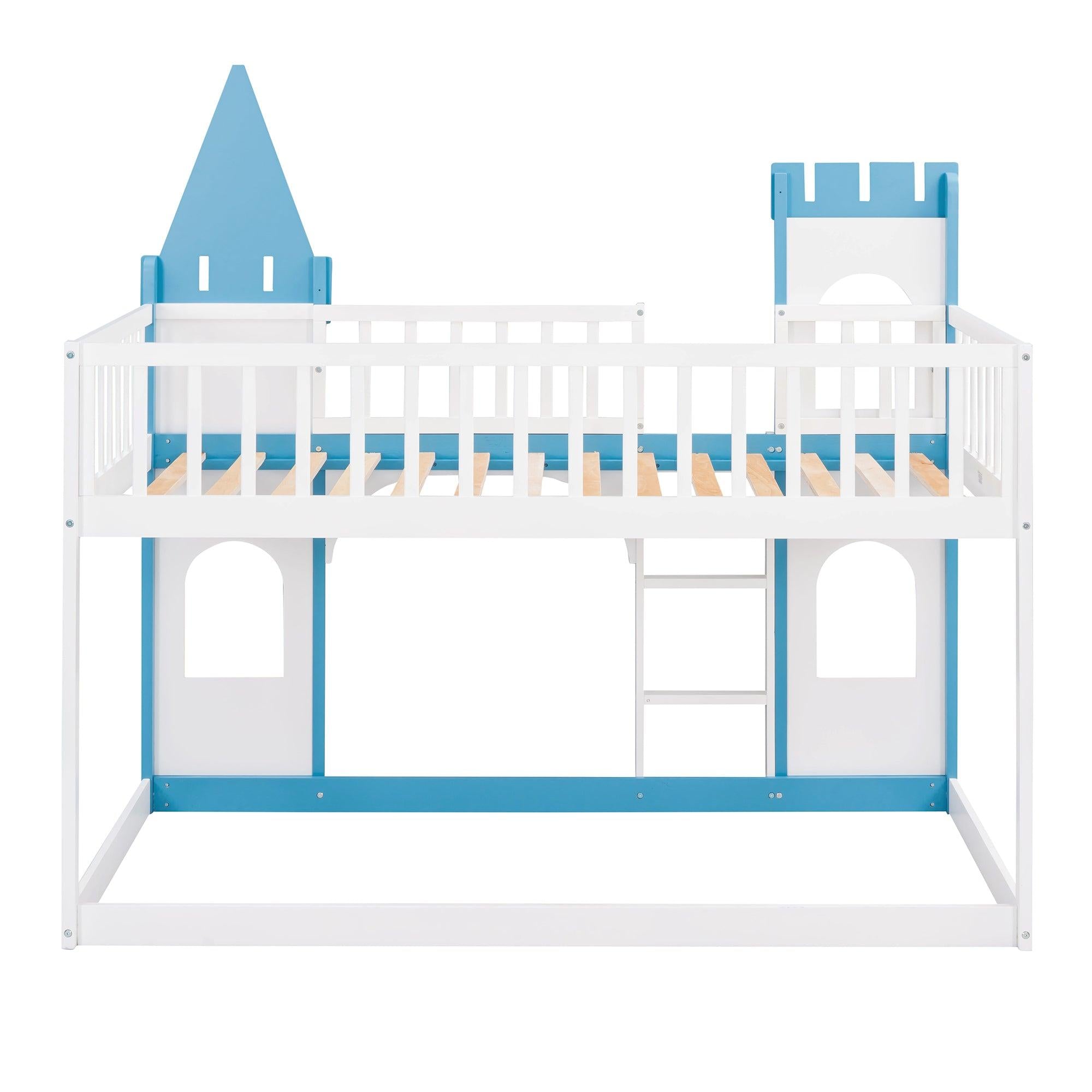 Twin Over Twin Castle Shaped Bunk Bed with Ladder - Blue