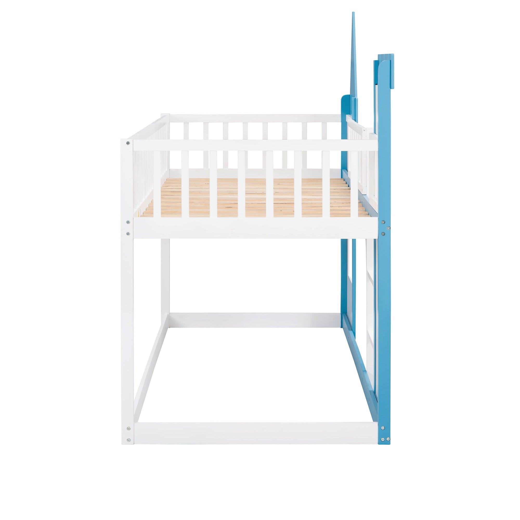 Twin Over Twin Castle Shaped Bunk Bed with Ladder - Blue