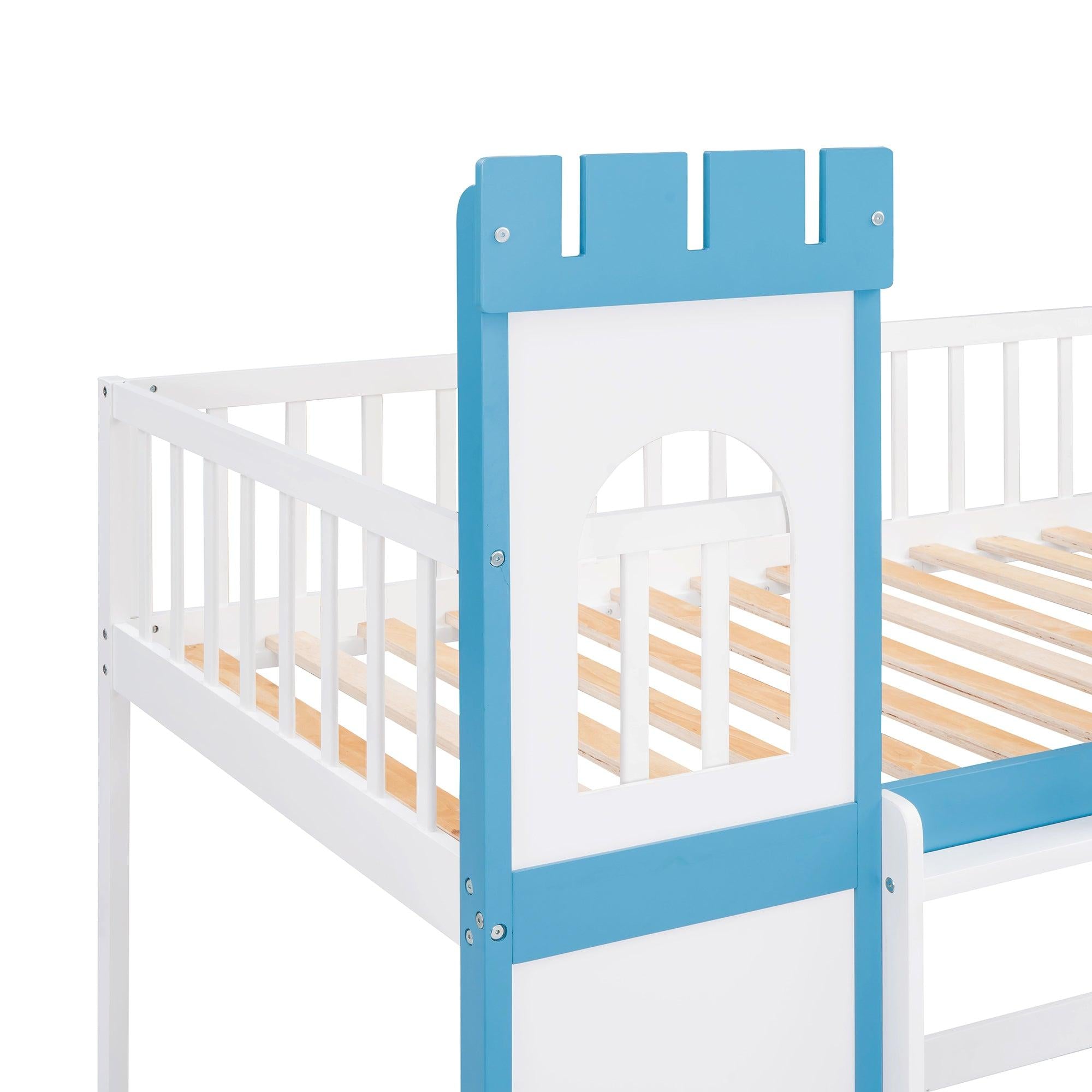 Twin Over Twin Castle Shaped Bunk Bed with Ladder - Blue