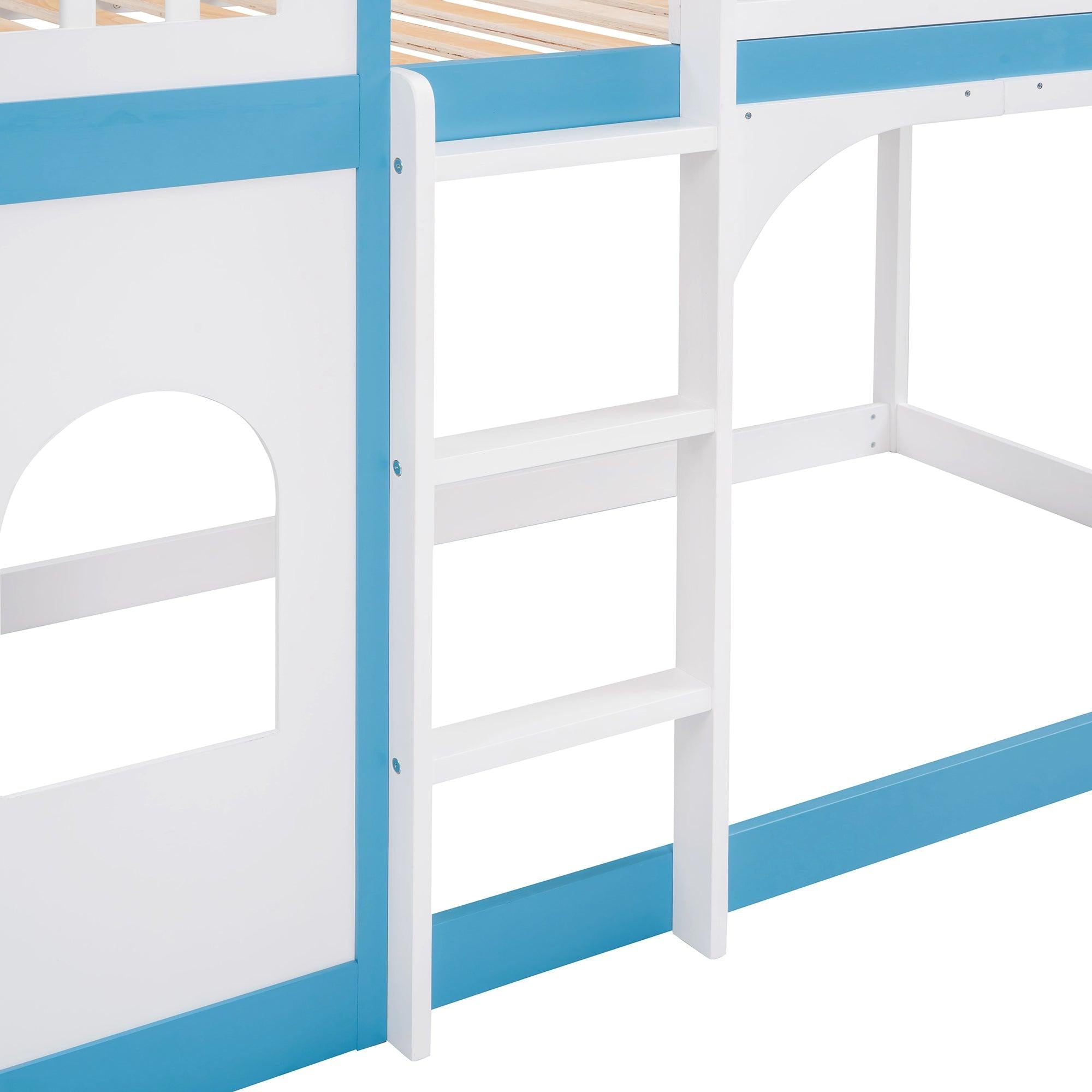 Twin Over Twin Castle Shaped Bunk Bed with Ladder - Blue