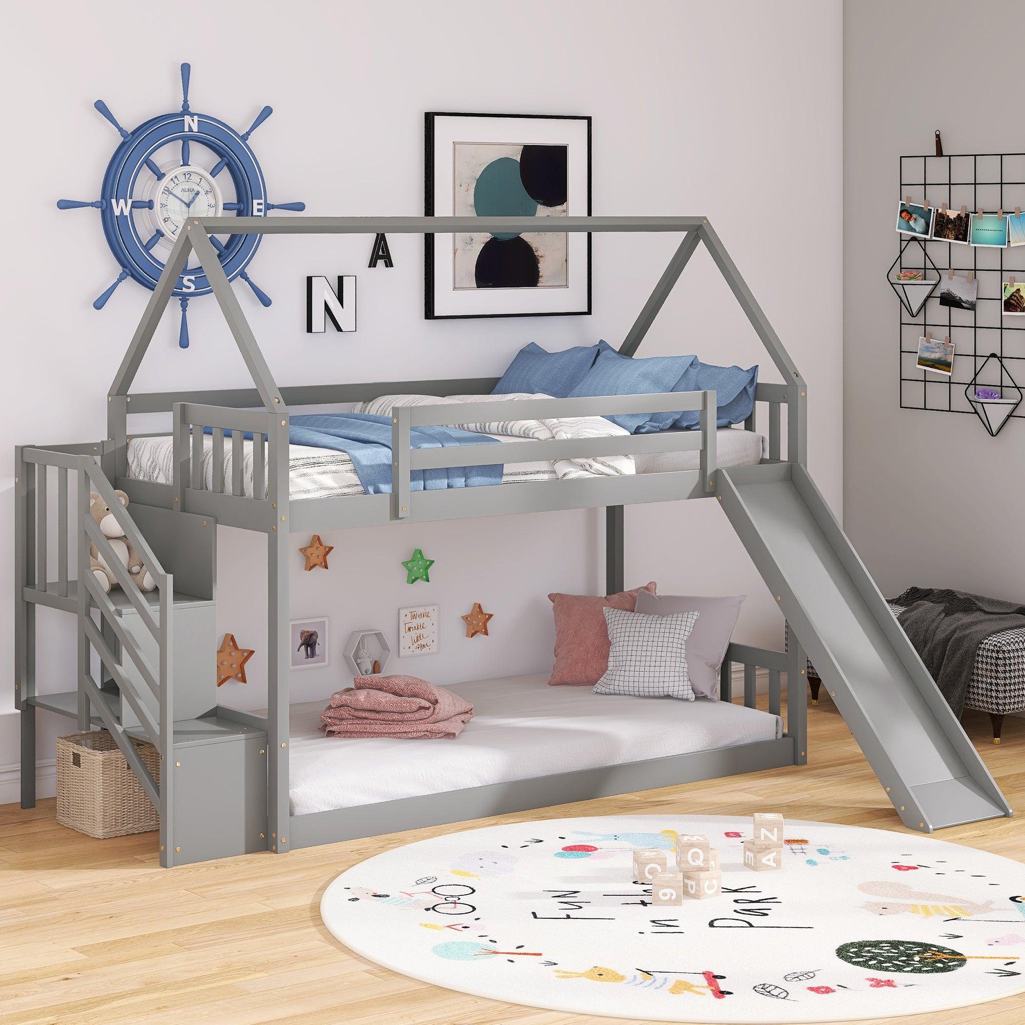 Twin over Twin House Bunk Bed with Slide andStorage Staircase - Gray