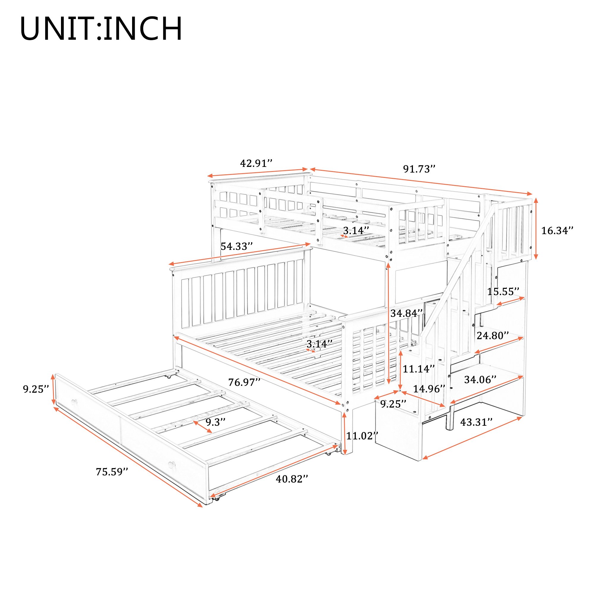 Twin over Full Bunk Bed with Twin size Trundle,Storage Staircase and Guard Rail - White