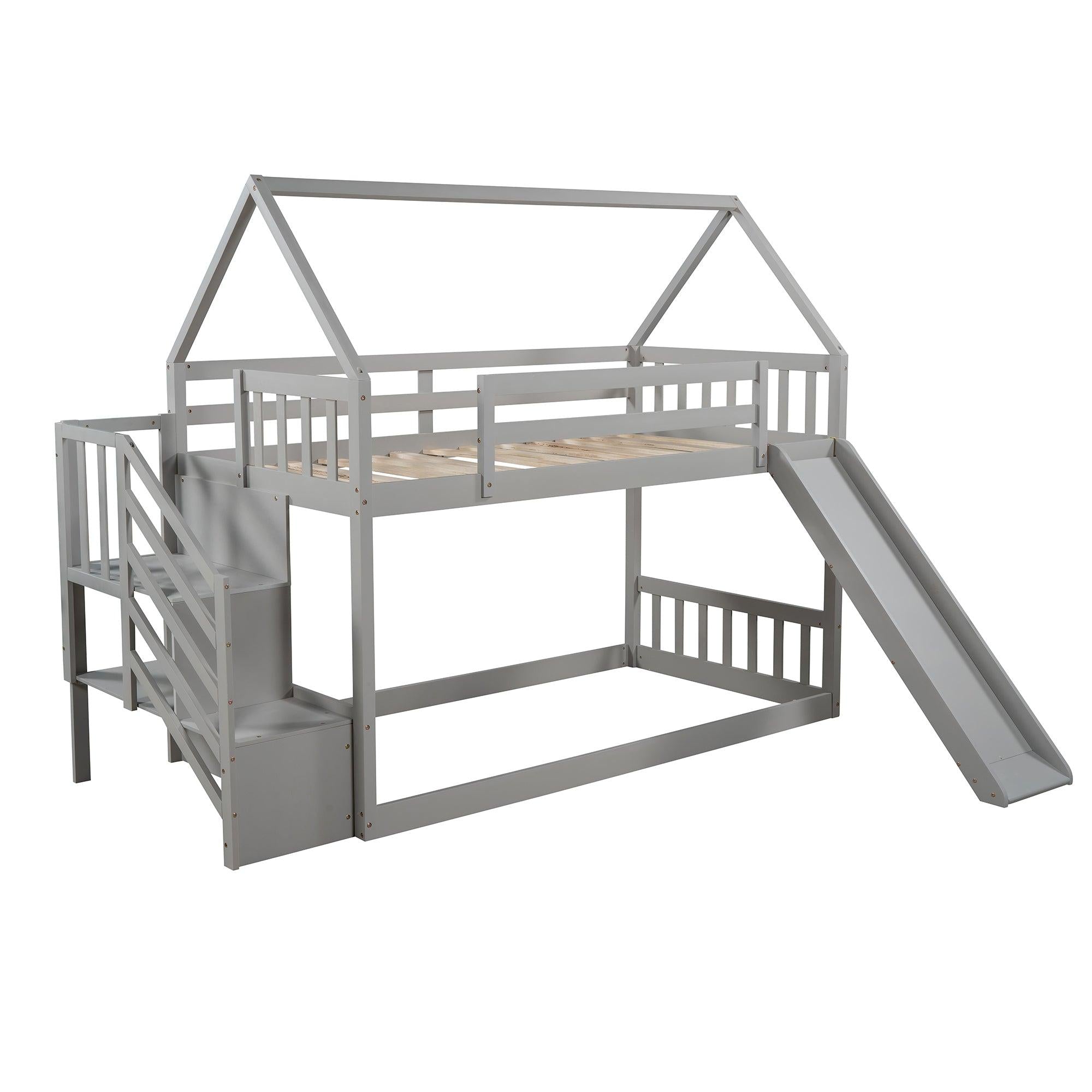 Twin over Twin House Bunk Bed with Slide andStorage Staircase - Gray