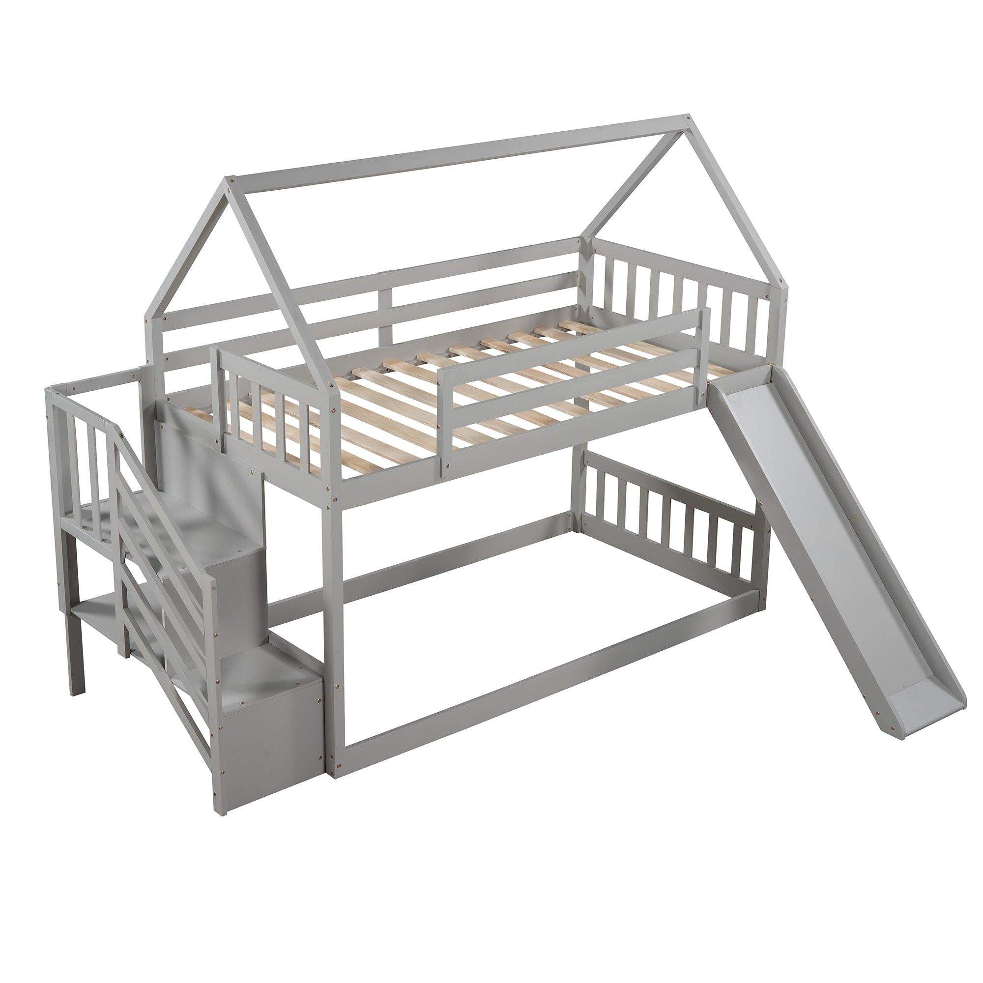 Twin over Twin House Bunk Bed with Slide andStorage Staircase - Gray