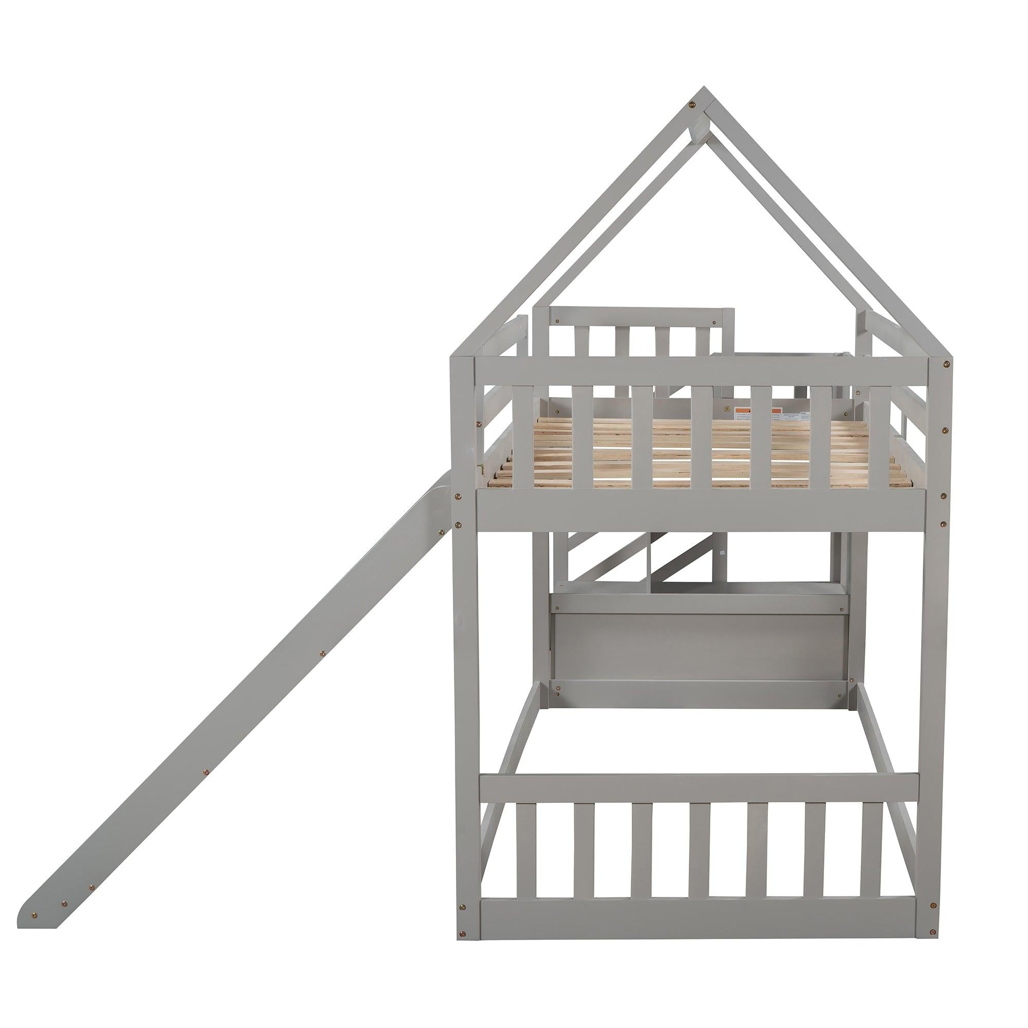 Twin over Twin House Bunk Bed with Slide andStorage Staircase - Gray