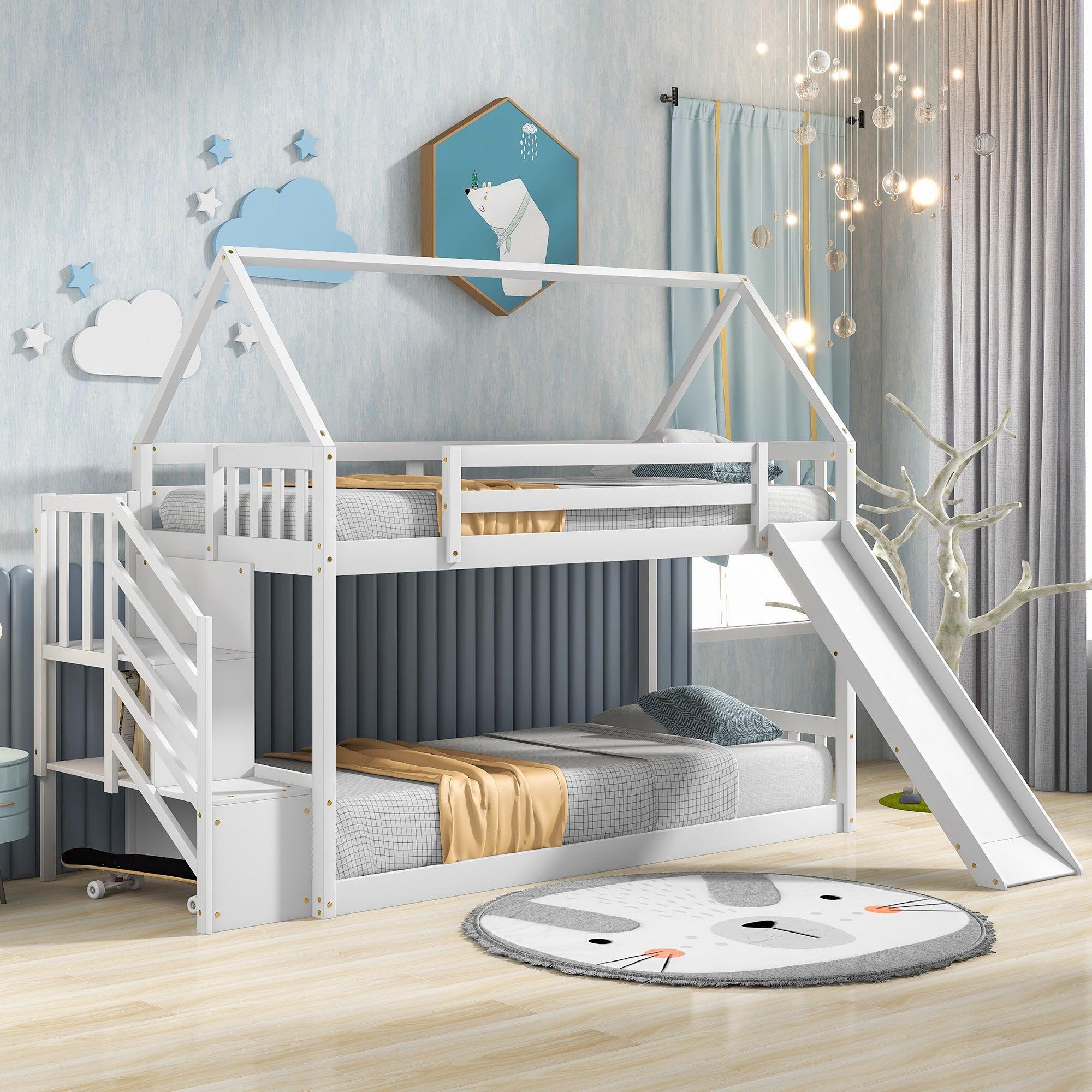 Twin over Twin House Bunk Bed with Slide andStorage Staircase - White