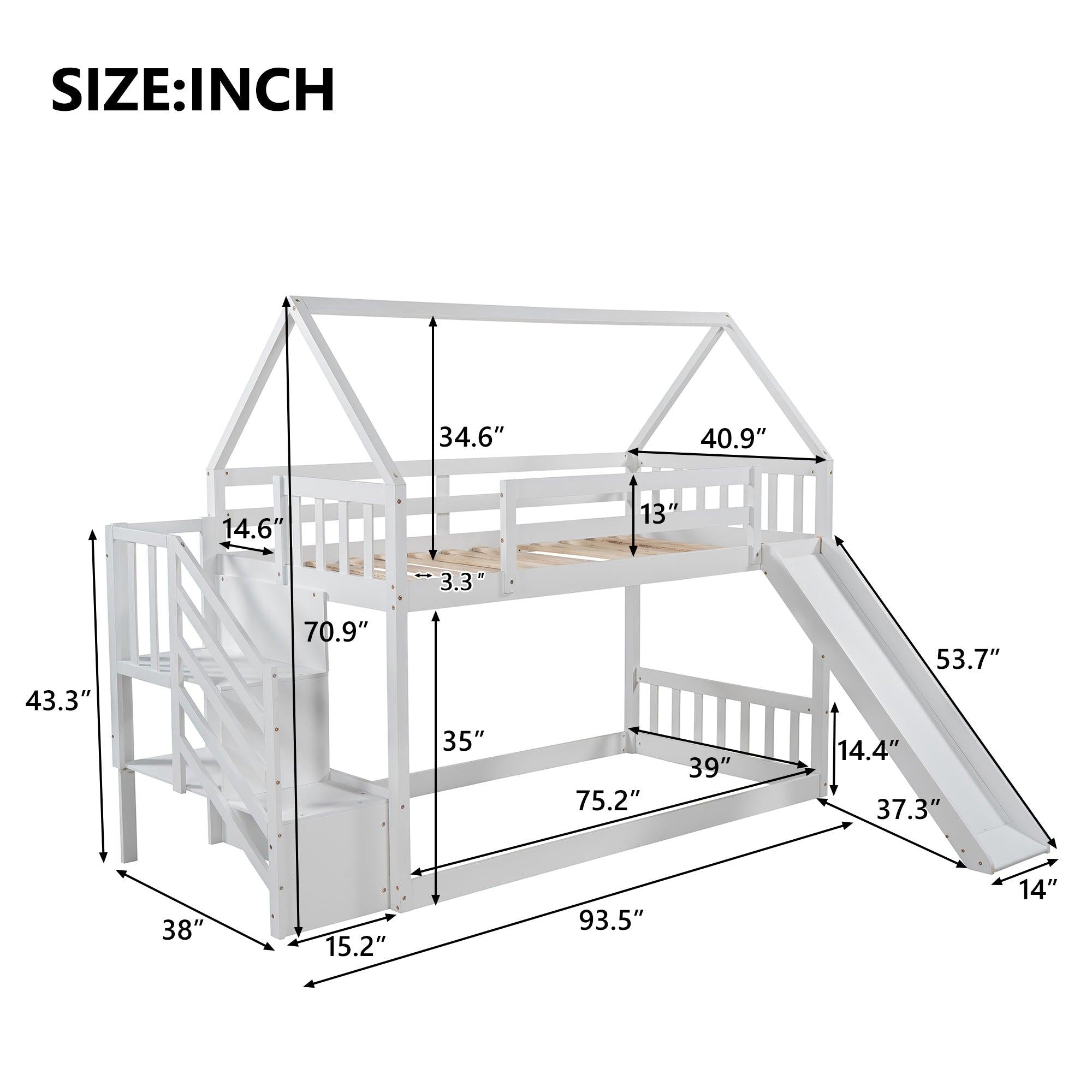 Twin over Twin House Bunk Bed with Slide andStorage Staircase - White